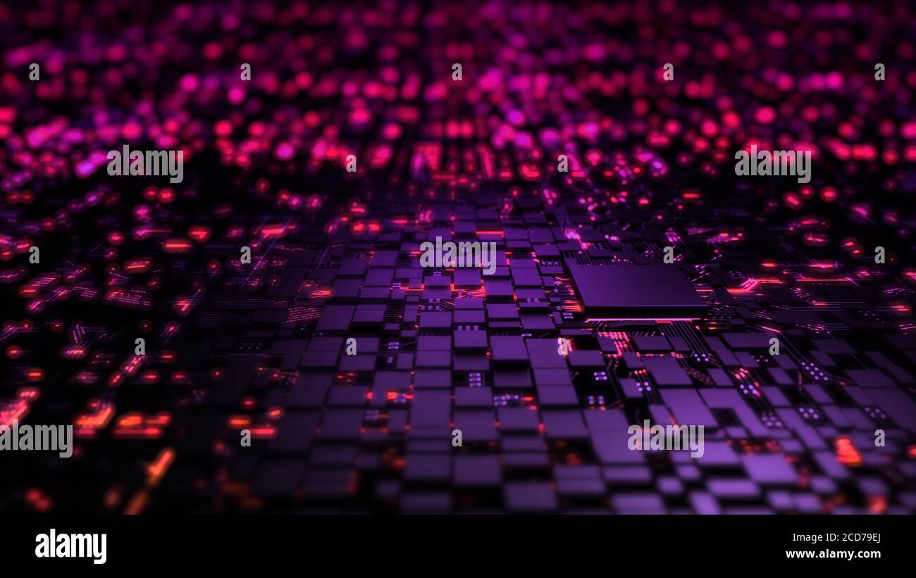 Microprocessor chipset central processor unit on the illumination circuit computer mainboard. Cyber and futuristic concept, hardware, AI, electronics Stock Photo