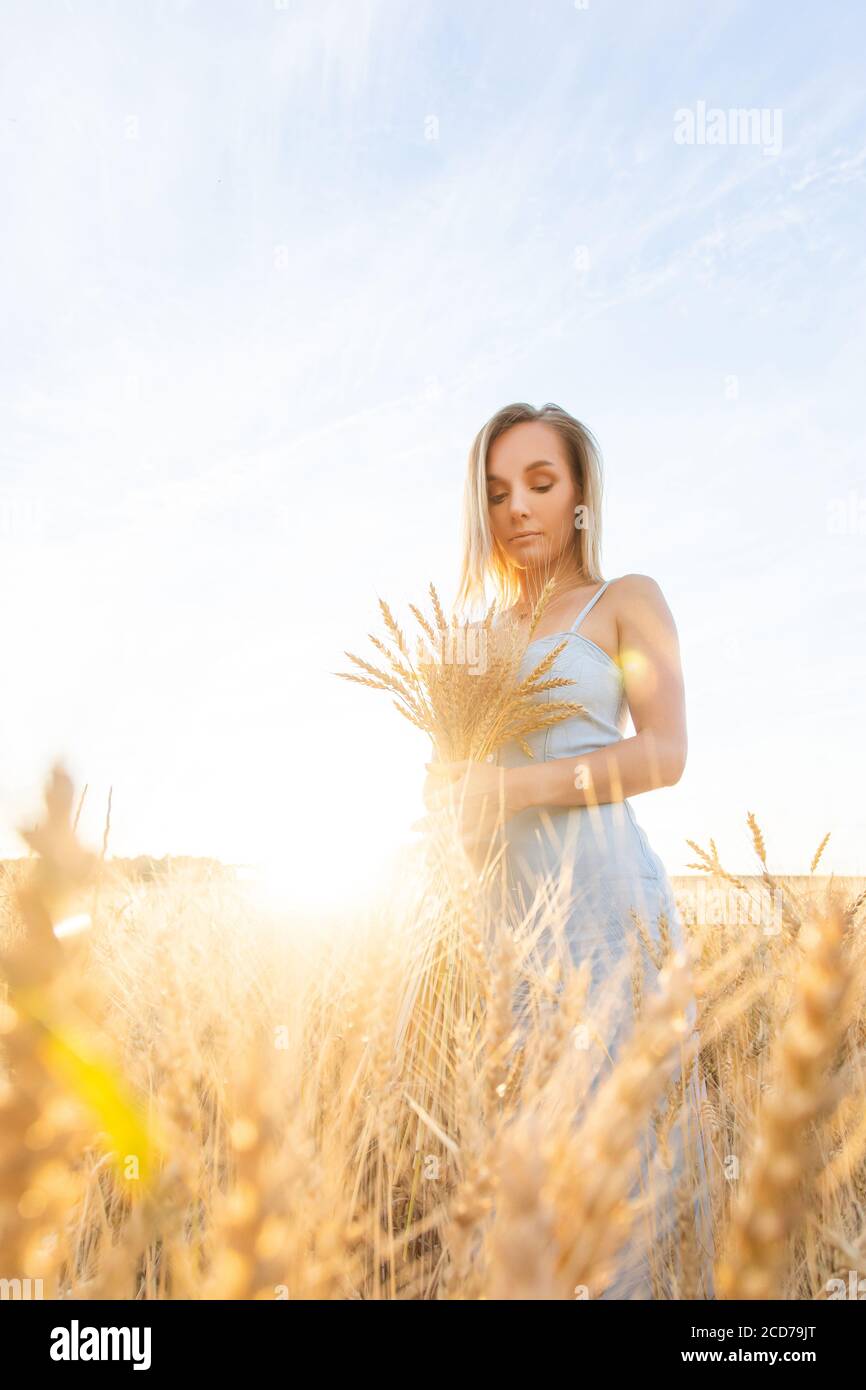 Girl in a wheat field in the rays of the setting sun Stock Photo - Alamy