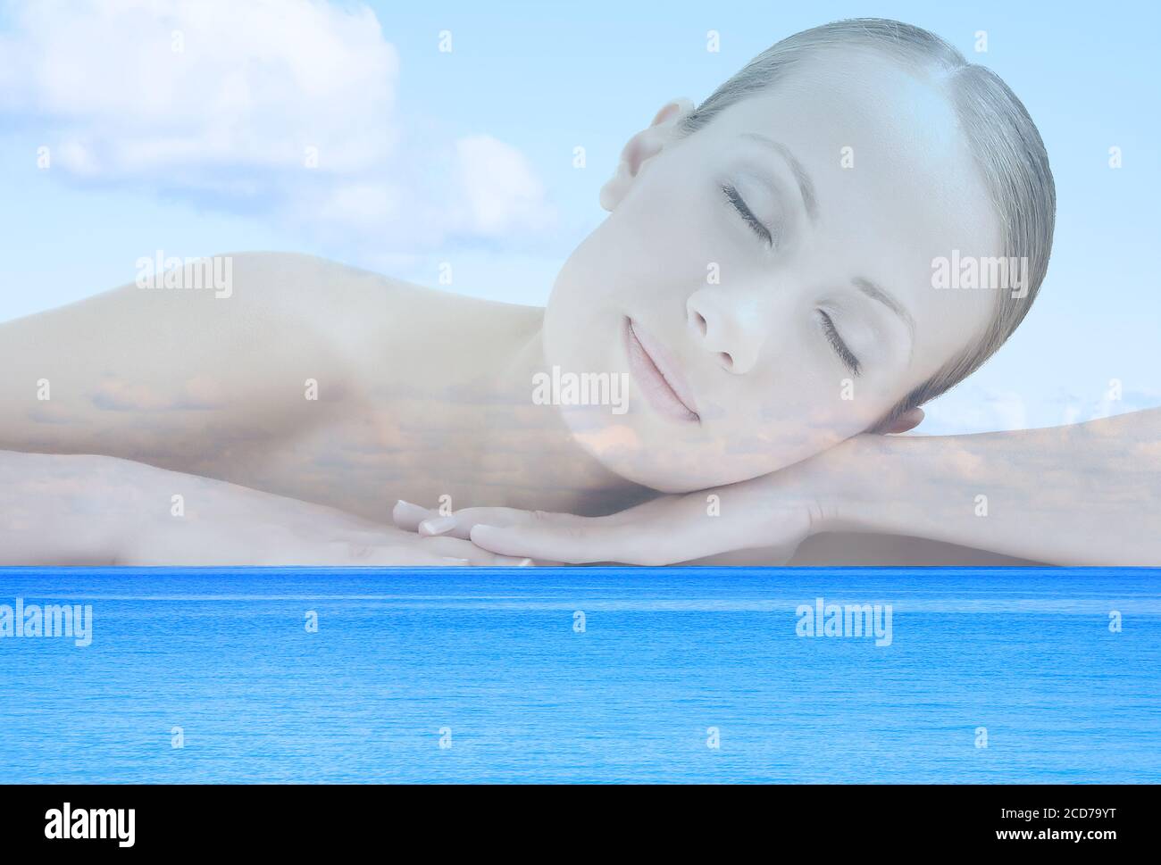 Collage of a sleeping woman and ocean. Stock Photo