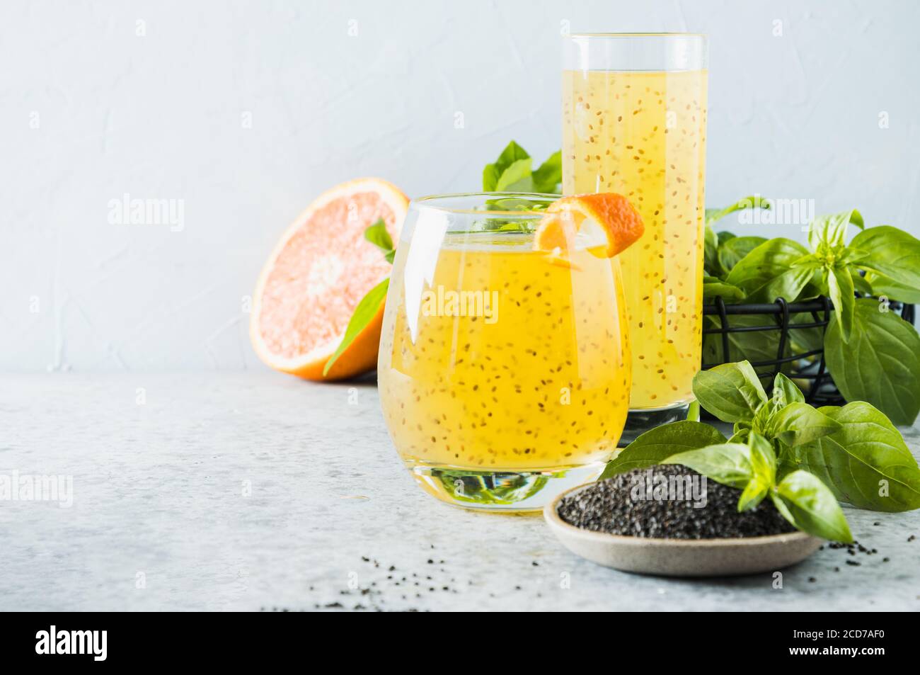 Basil seed drink with orange. Close up Stock Photo Alamy