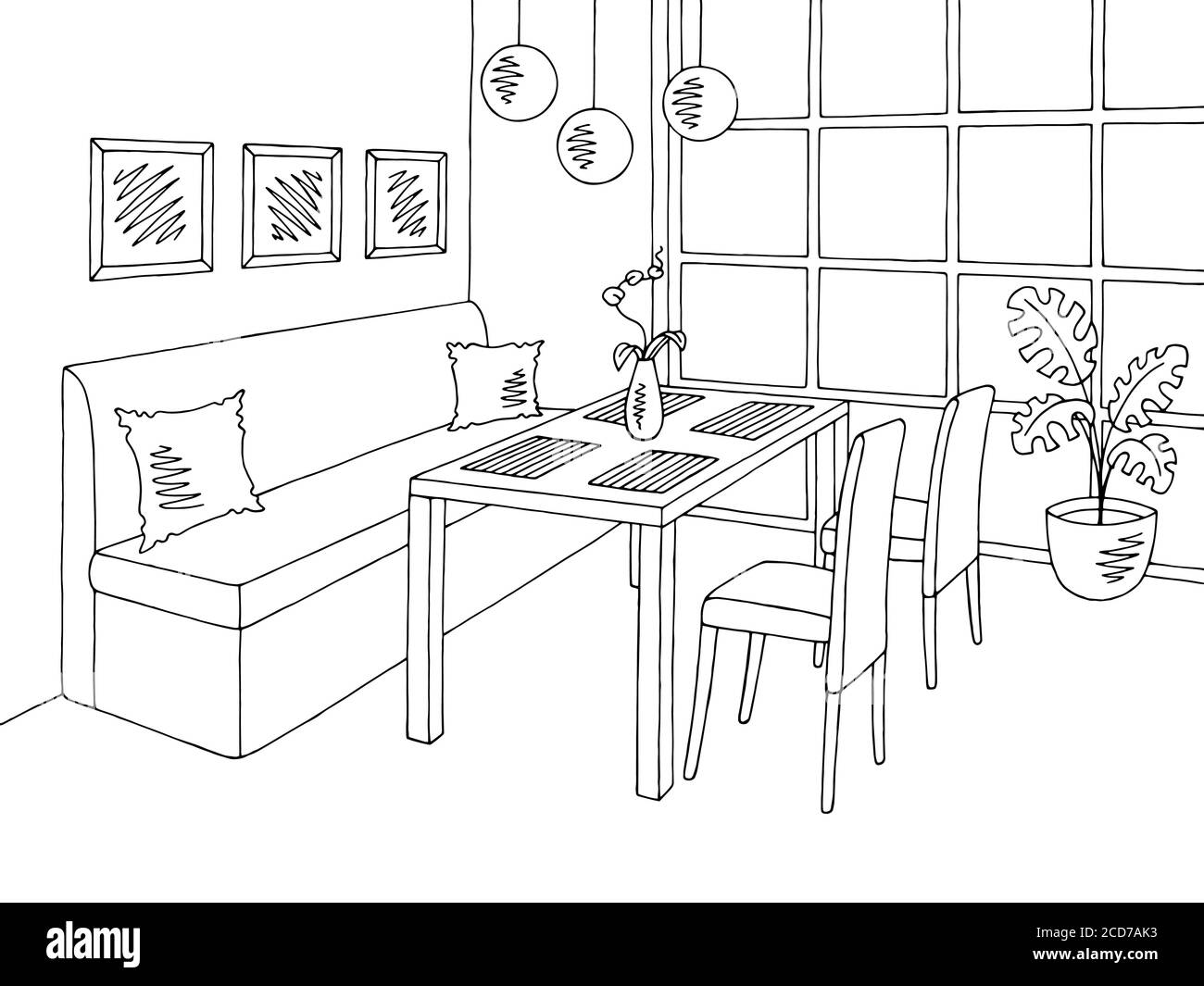 Restaurant graphic black white interior sketch illustration vector Stock Vector