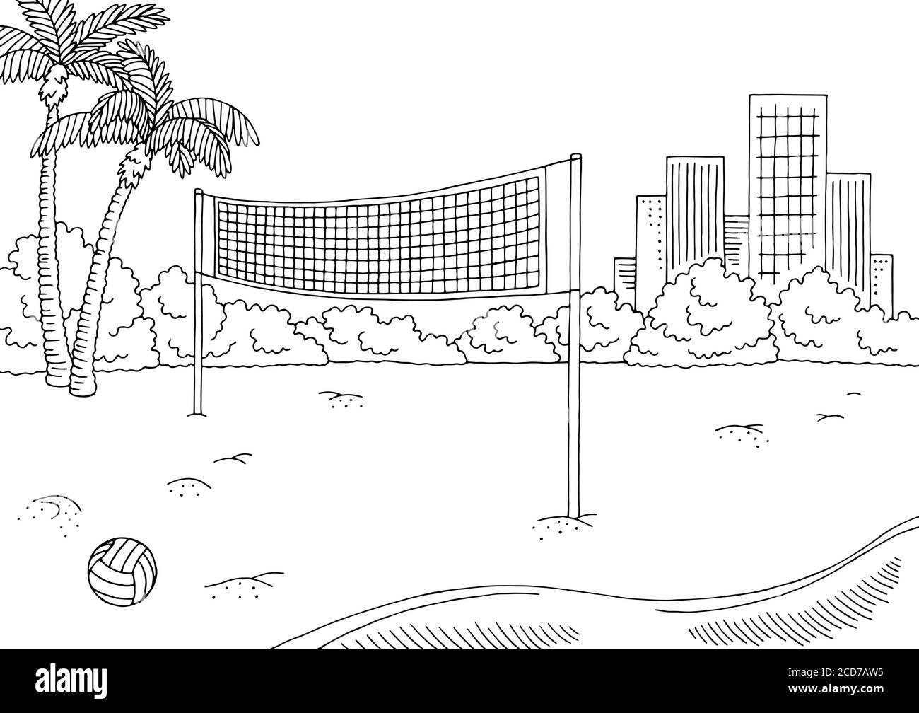 Beach volleyball sport graphic black white city landscape sketch illustration vector Stock Vector
