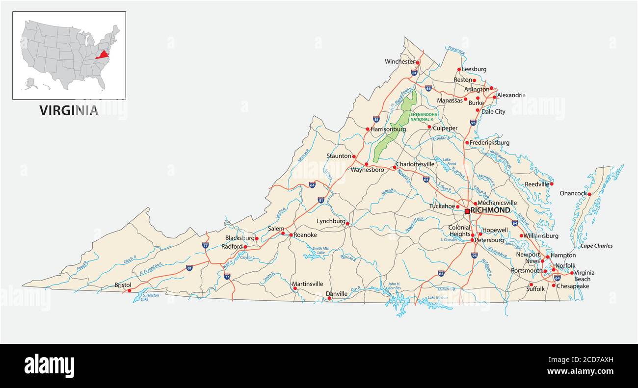 road map of the US American State of Virginia Stock Vector