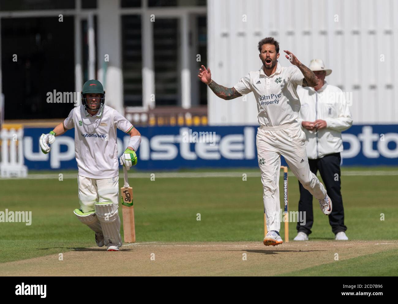 Peter Trego reacts whilst bowling for Nottinghamshire against Leicestershire in a Bob Willis Trophy match. Stock Photo