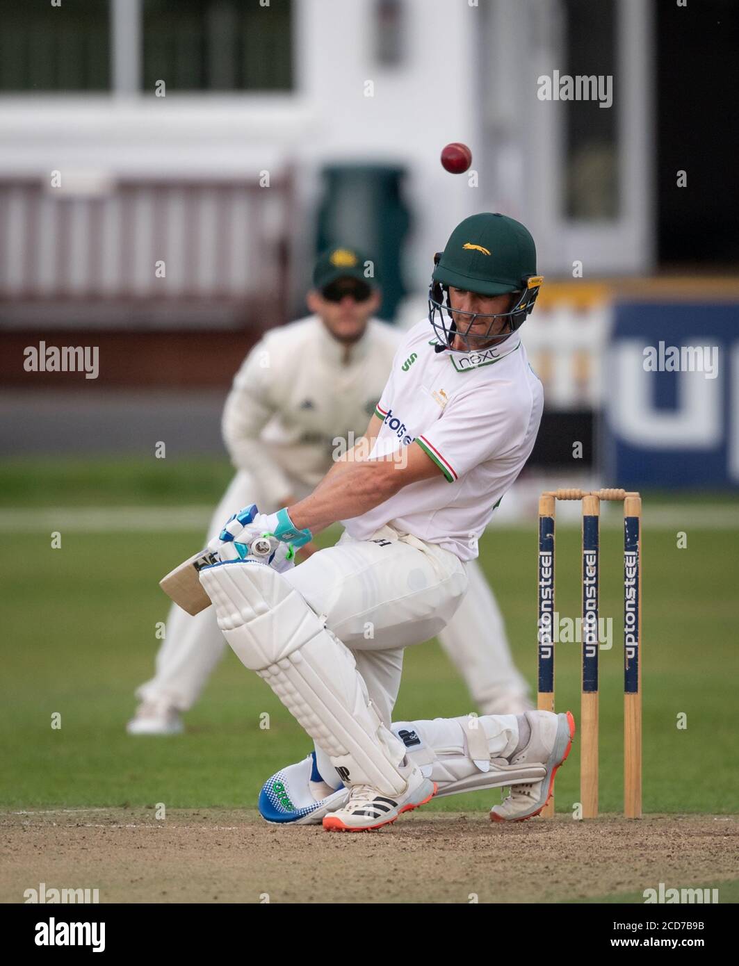 Leicestershire's captain Colin Ackermann avoids a bouncer during a game against Nottinghamshire in a Bob Willis Trophy match. Stock Photo
