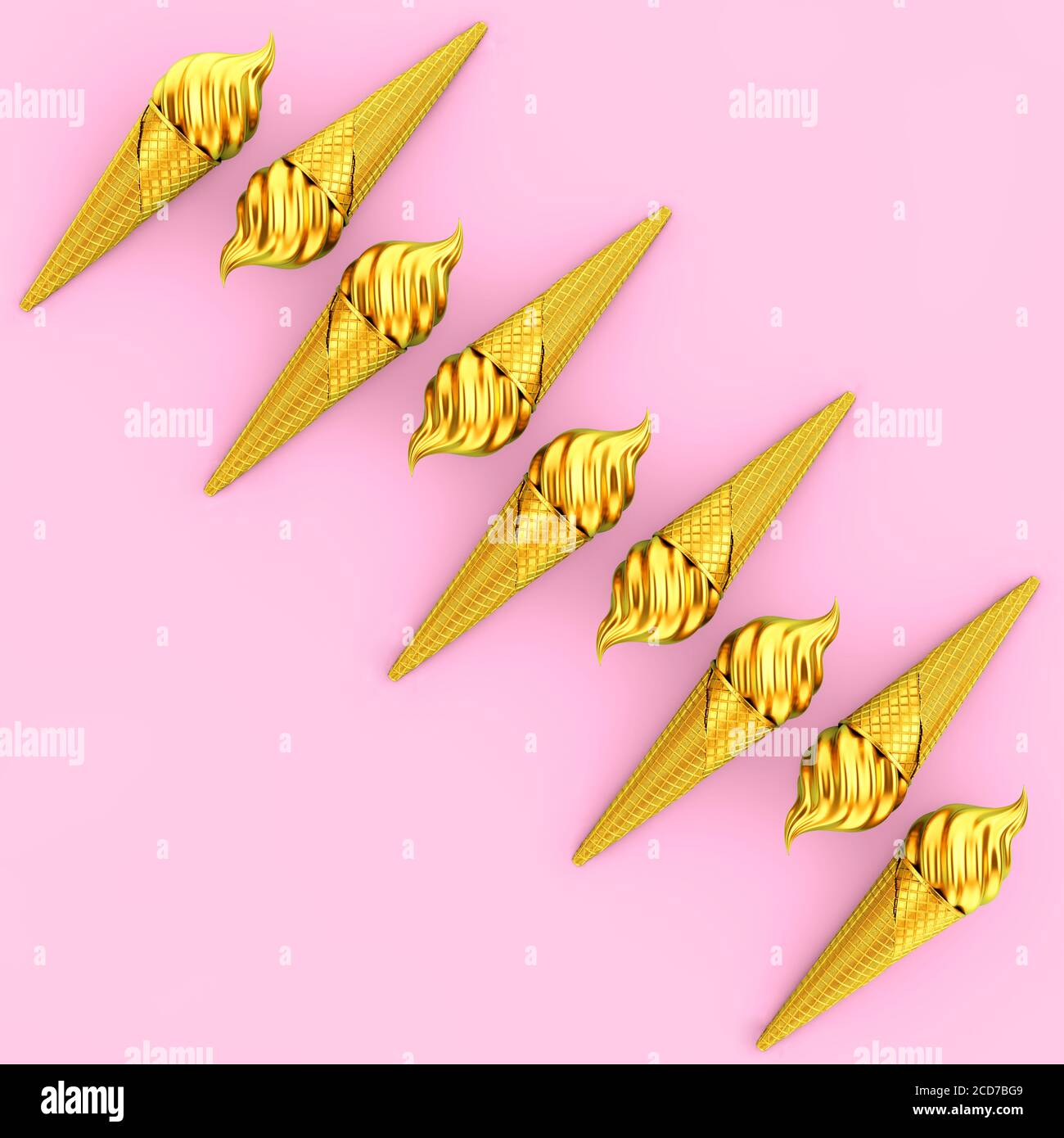 Row of Gold Soft Serve Ice Cream in Golden Waffle Crispy Ice Cream Cone ...