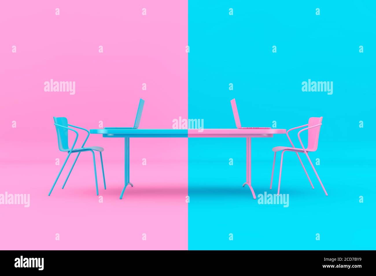 Confrontation Concept. Pink and Blue Chairs, Laptops and Desk as Duotone Style in front of pink and blue background. 3d Rendering Stock Photo