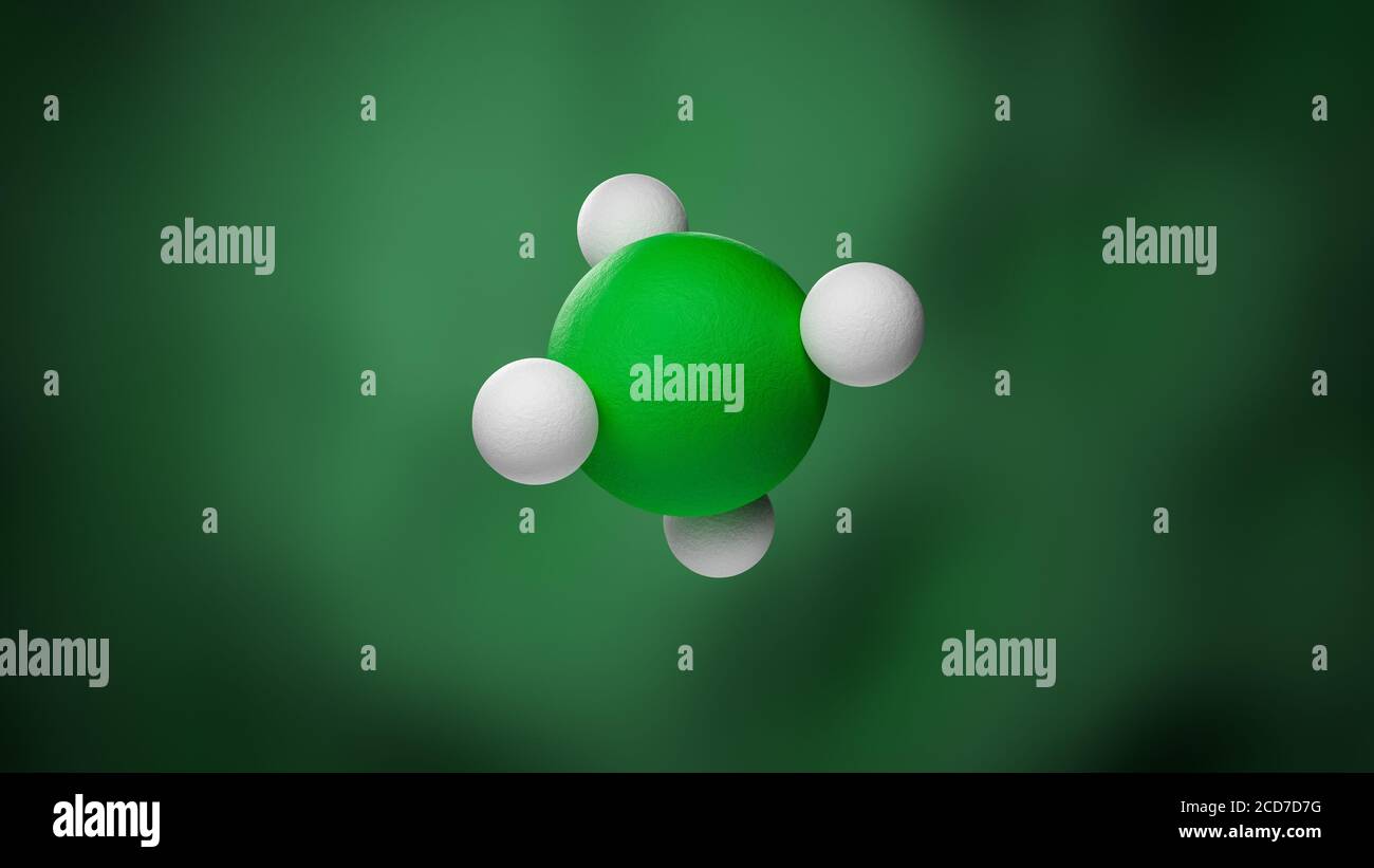 Model of a methane molecule of the family of the single bonded hydrocarbons. One Carbon atom in green, Hydrogen atoms in white. Stock Photo