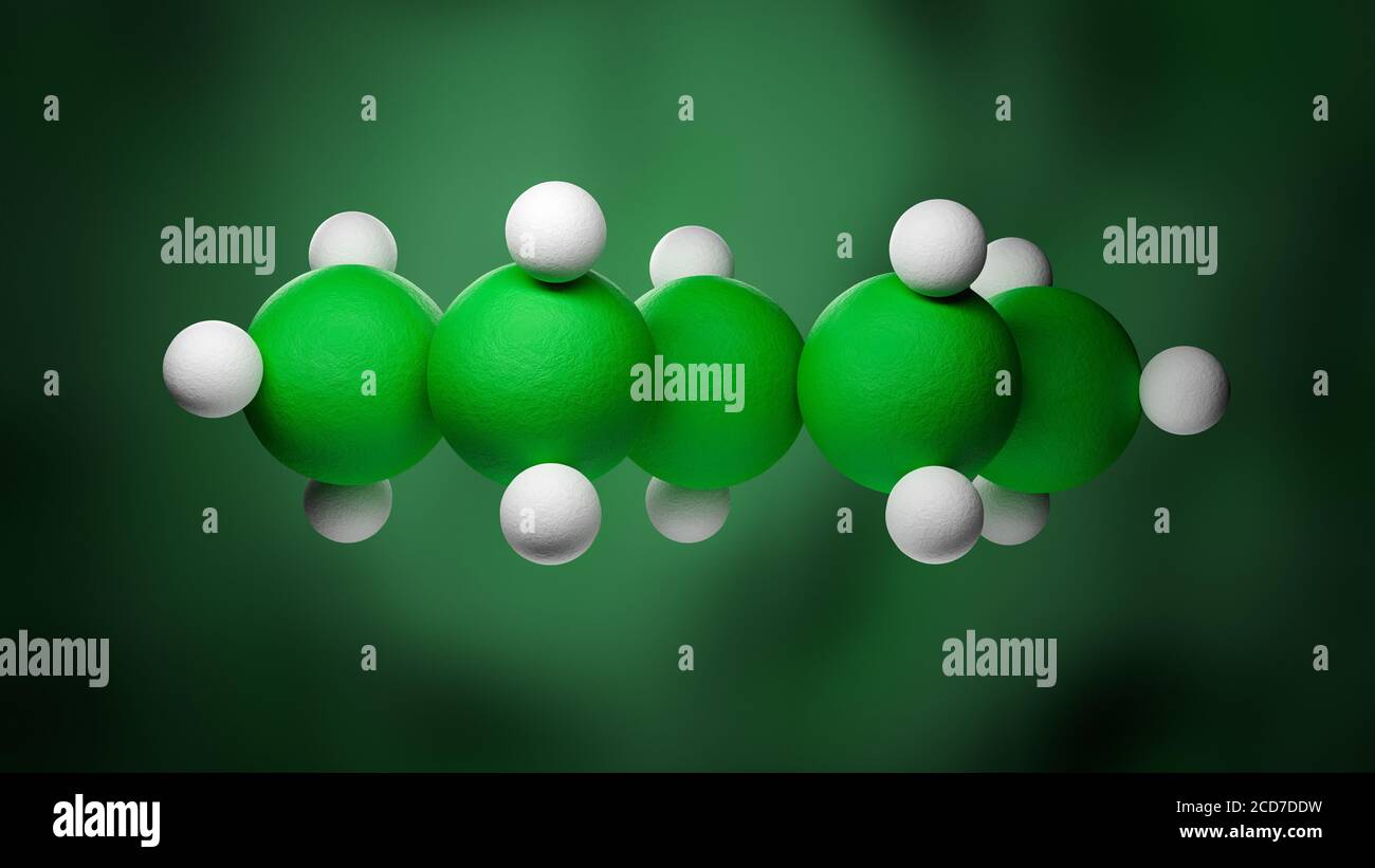 Model of a pentane molecule of the family of the single bonded hydrocarbons. Five Carbon atoms in green, Hydrogen atoms in white. Stock Photo