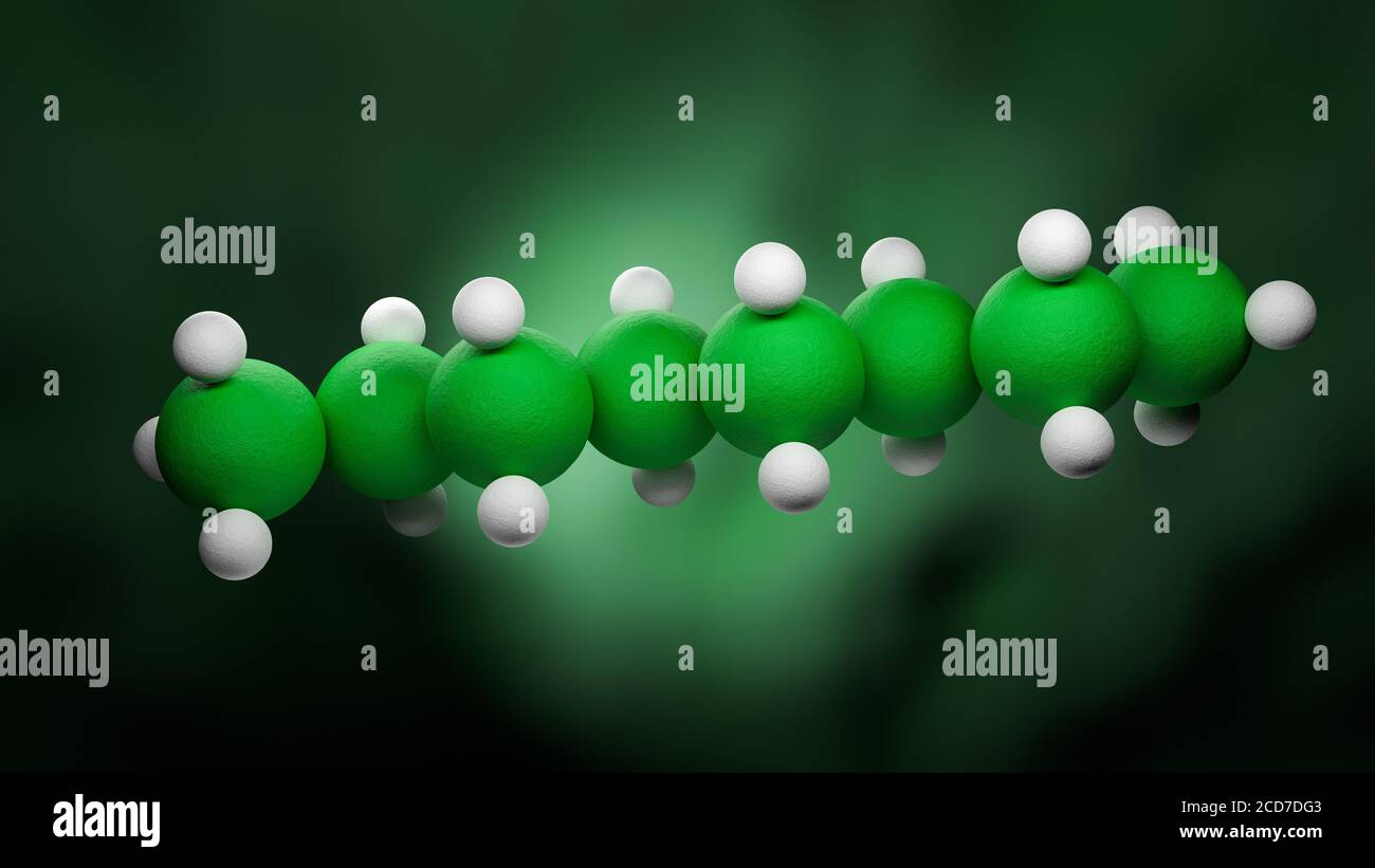 Model of a octane molecule of the family of the single bonded hydrocarbons. Eight Carbon atoms in green, Hydrogen atoms in white. Stock Photo
