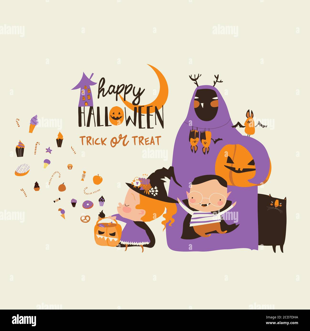 Cartoon happy children trick or treating in Halloween costume Stock Vector