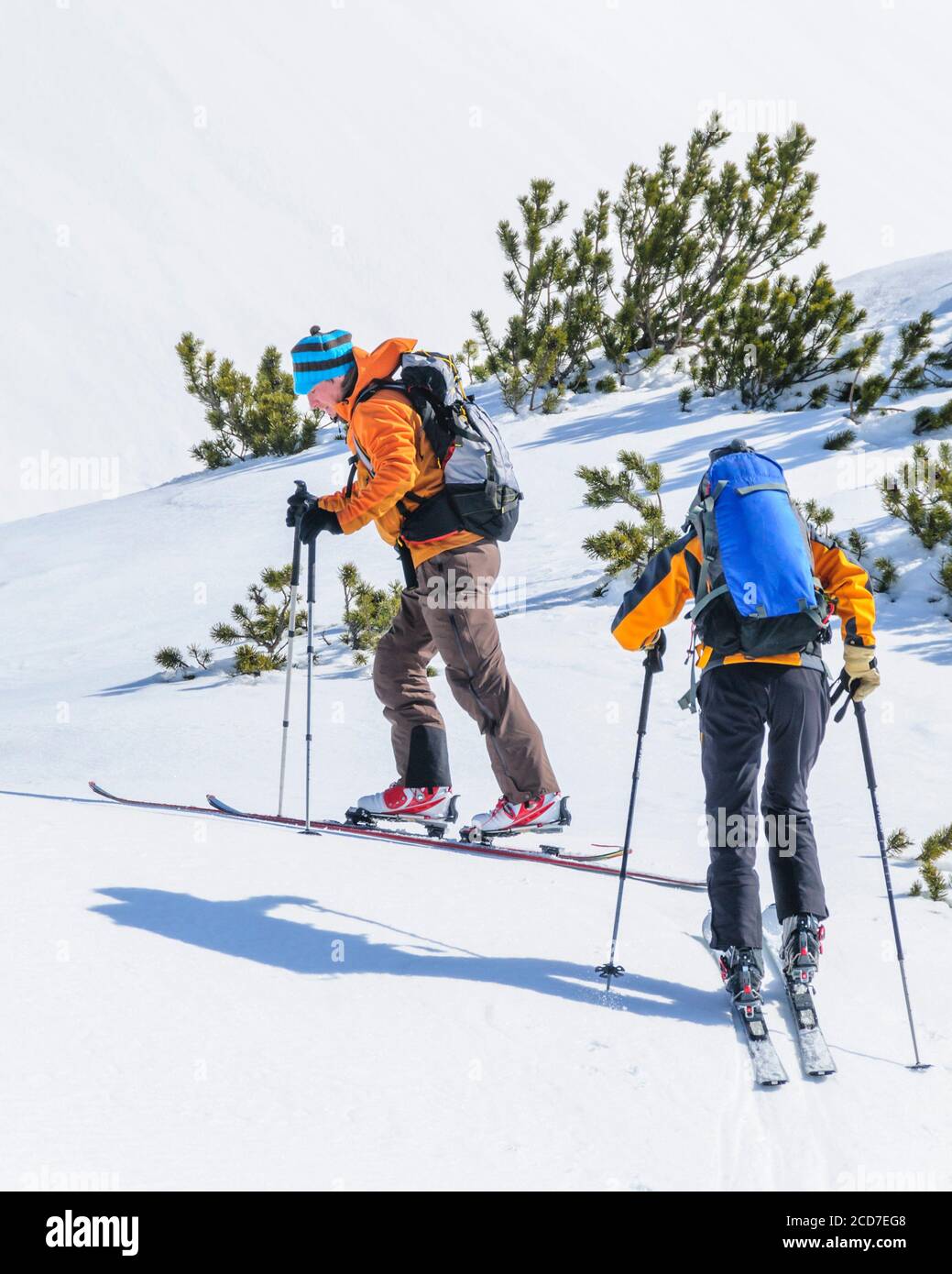 Alpinists during ascent with skis Stock Photo