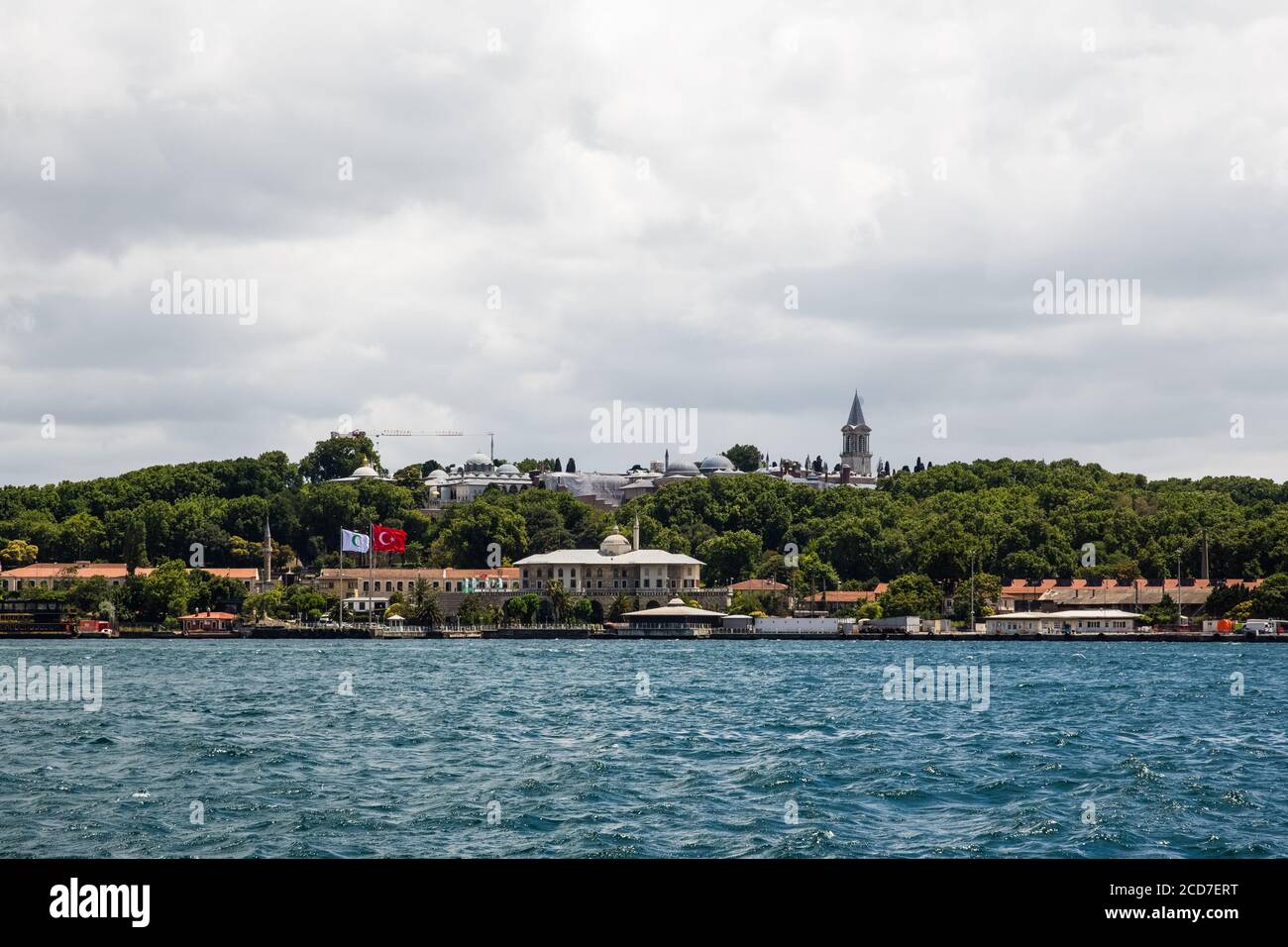 Panoramic shot of the old town Istanbul, Turkey. The Topkapi Palace, Eminonu, Sarayburnu, Sepetciler Pavilion and the Golden Horn, Istanbul, Turkey. Stock Photo