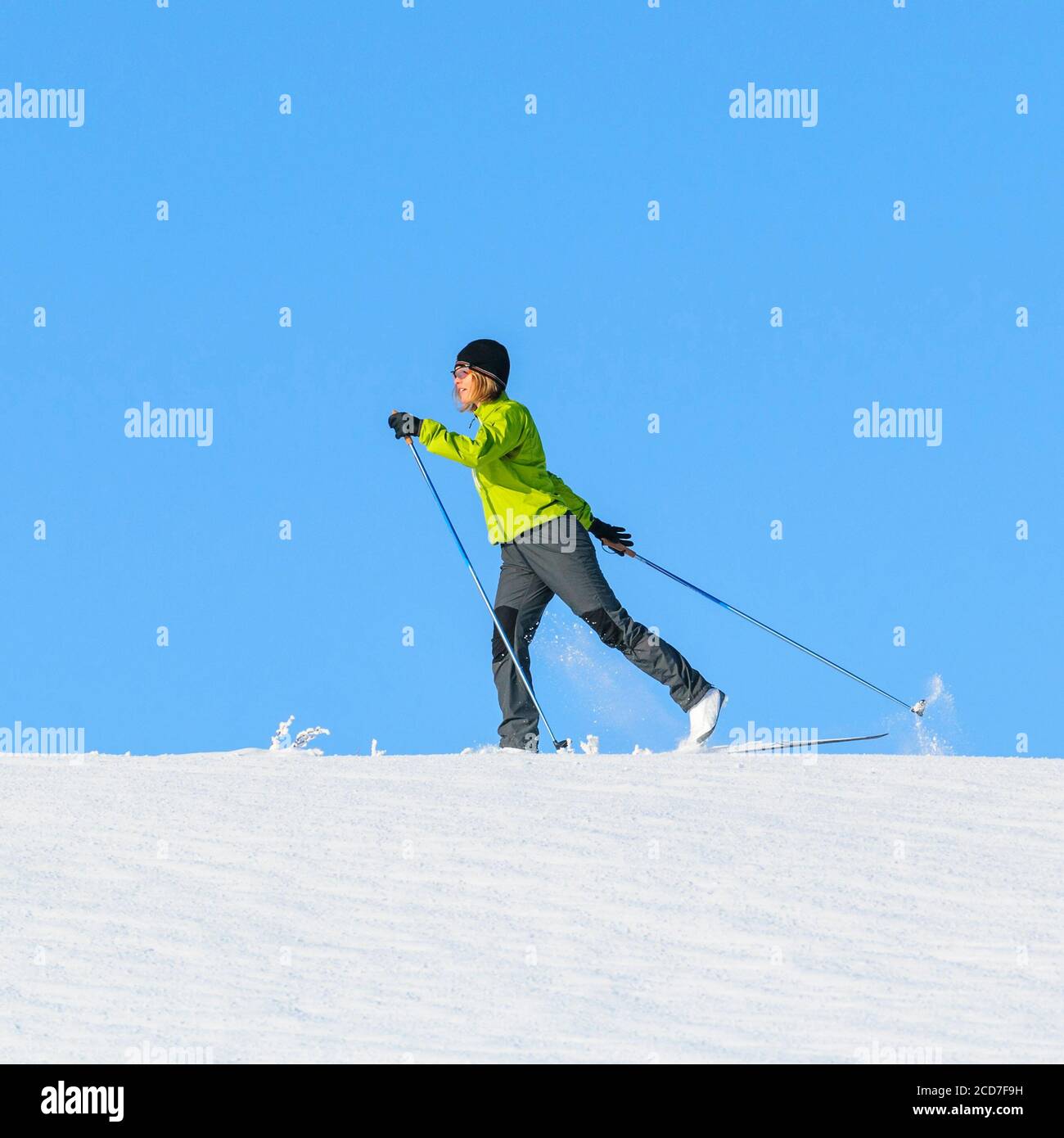 Young woman on the way in nature with nordic cruising skis Stock Photo