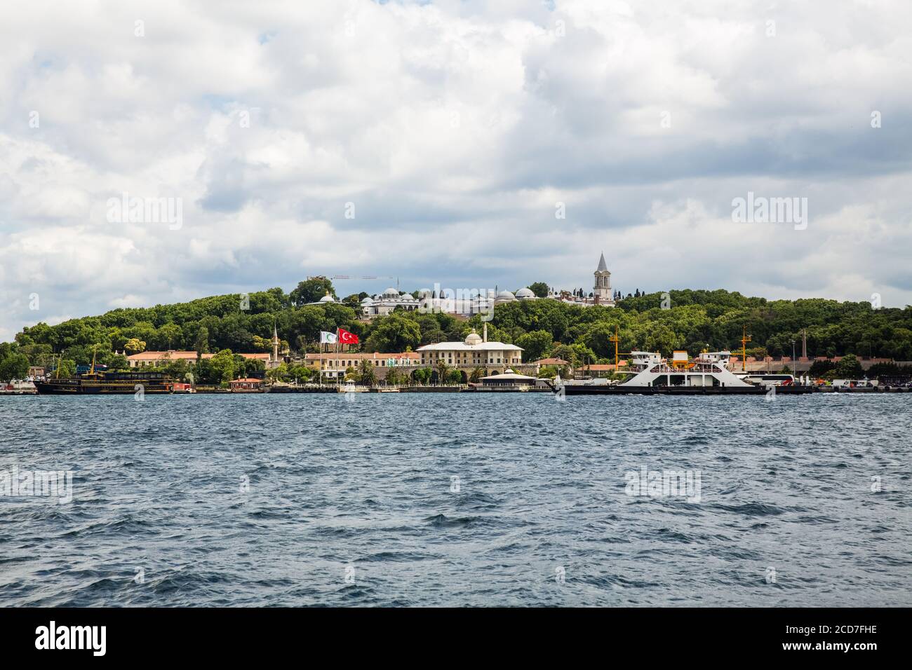 Panoramic shot of the old town Istanbul, Turkey. The Topkapi Palace, Eminonu, Sarayburnu, Sepetciler Pavilion and the Golden Horn, Istanbul, Turkey. Stock Photo