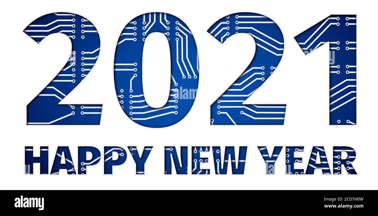 Happy New Year 2021 - Technology greetings card - A circuit board behind a cut out text Stock Photo