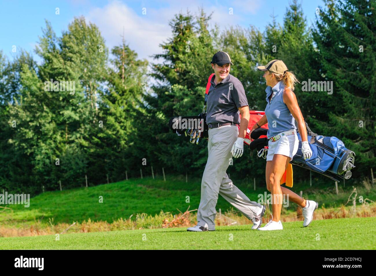 Man and woman playing golf on a beautiful parkland course at a sunny day in summertime Stock Photo