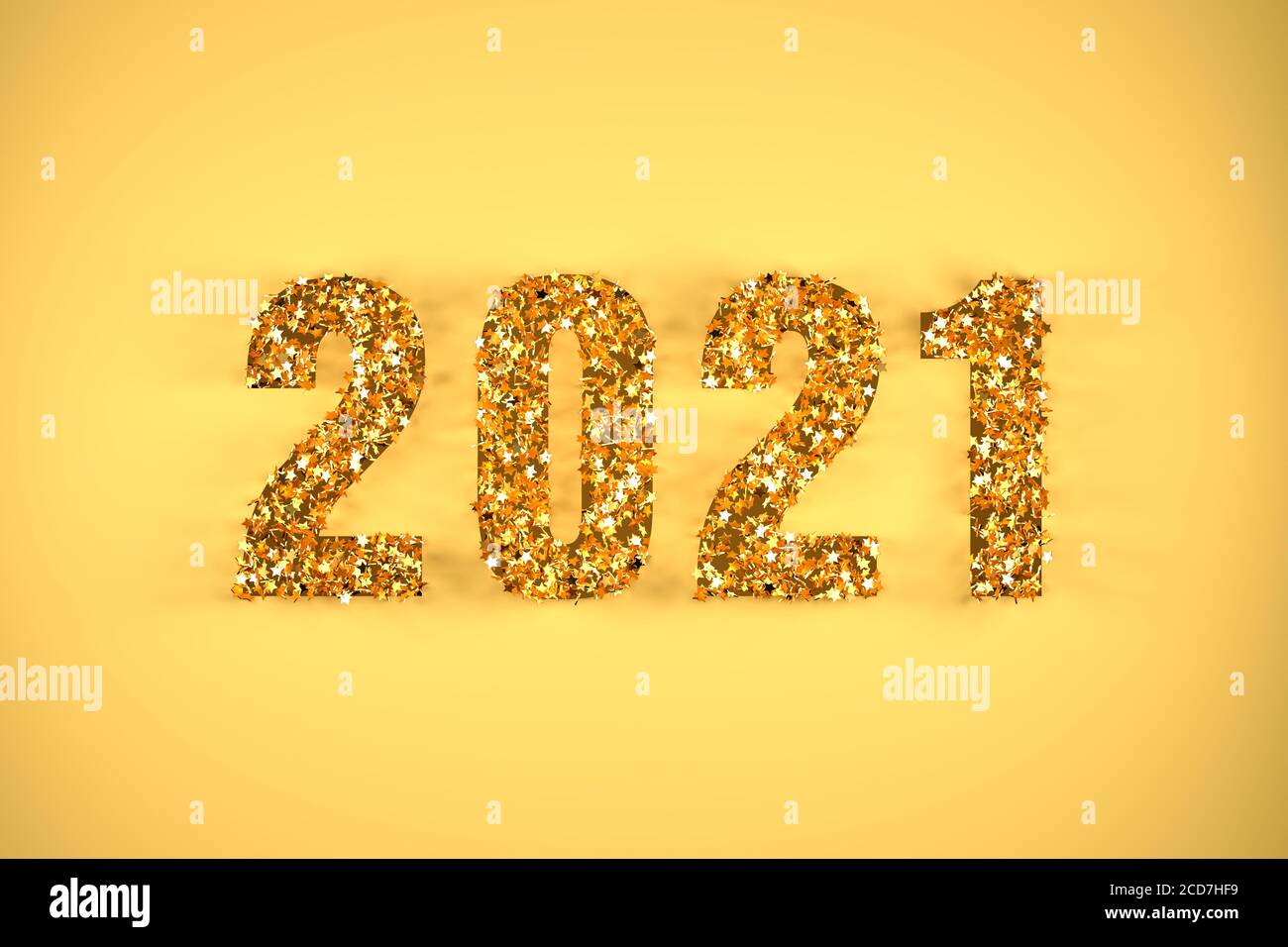 Glittering golden stars building the number 2021 on a cut out golden sheet. Happy New Year 2021 concept. Stock Photo