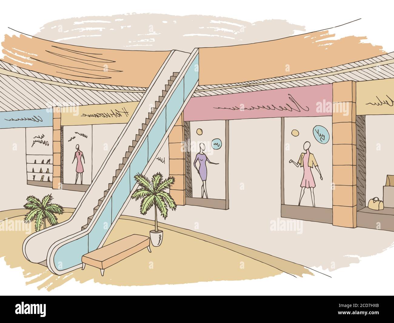 Shopping mall graphic color interior sketch illustration vector Stock Vector