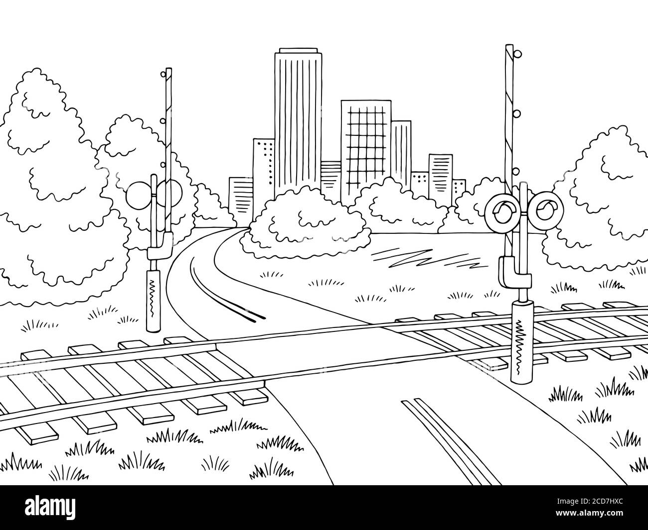 Railroad crossing road graphic black white city landscape sketch illustration vector Stock Vector