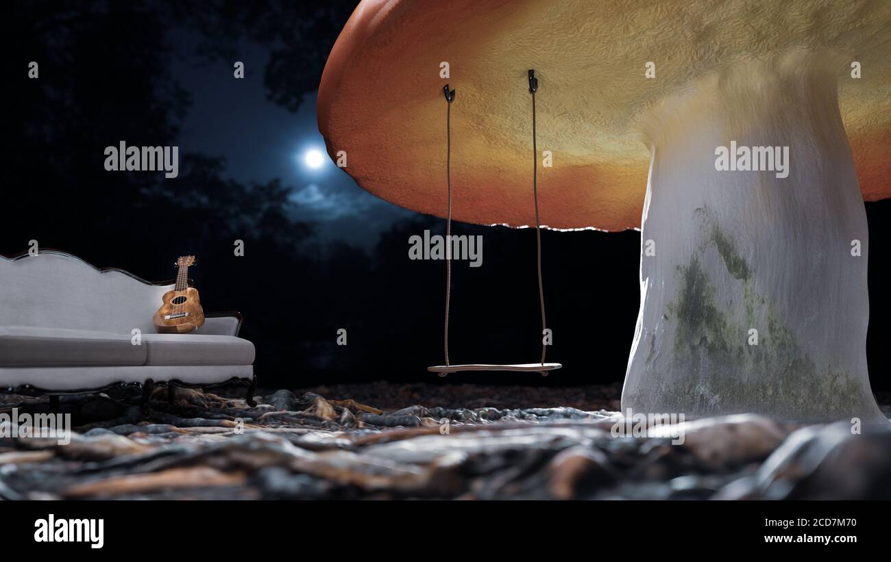 Close up of a mushroom with swing, sofa, and music instrument ukulele. A quiet night with moonlight in the little fantasy world. Stock Photo