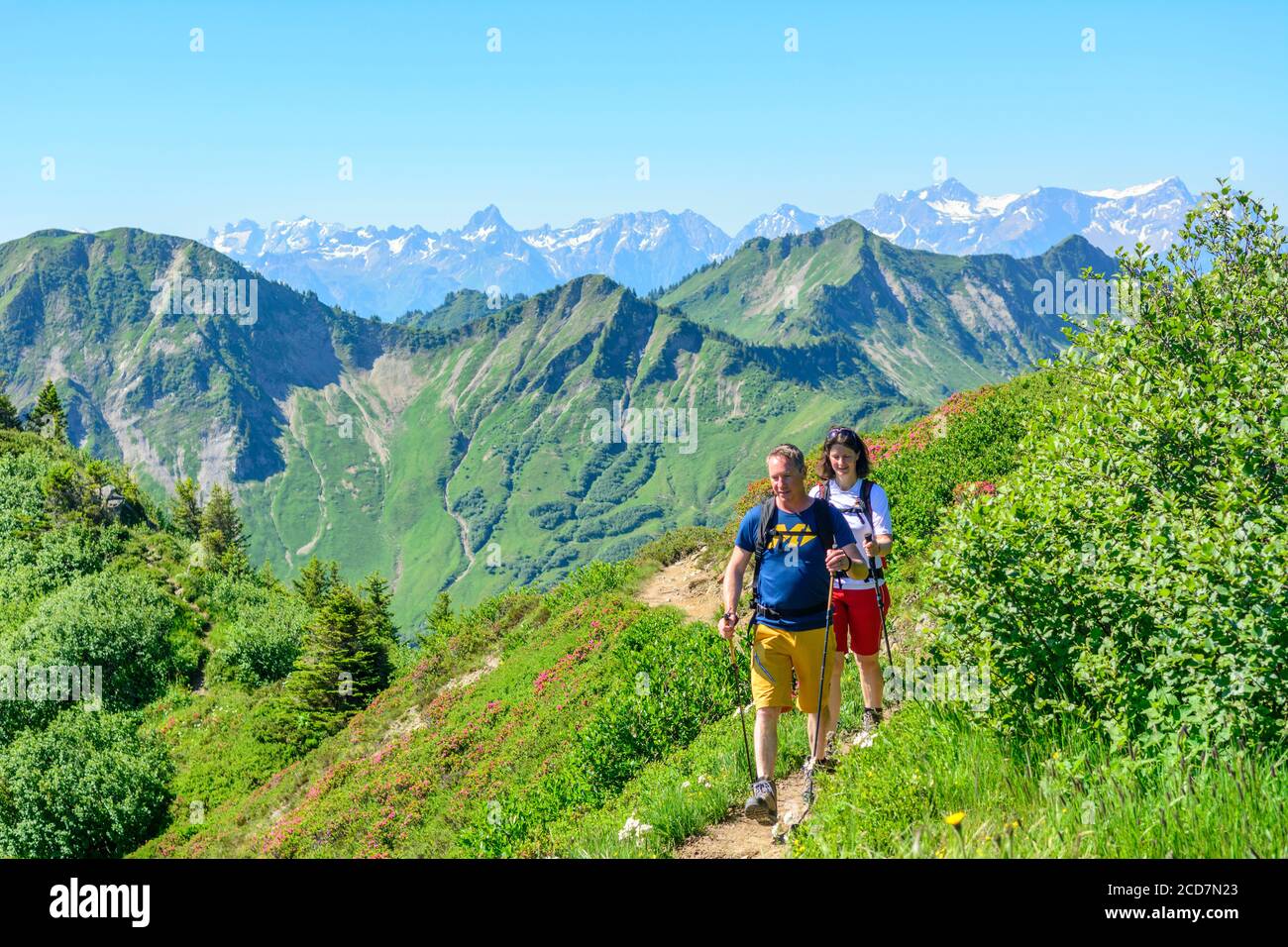 Couple hiking in alpine area in Vorarlberg mountains in austria Stock ...