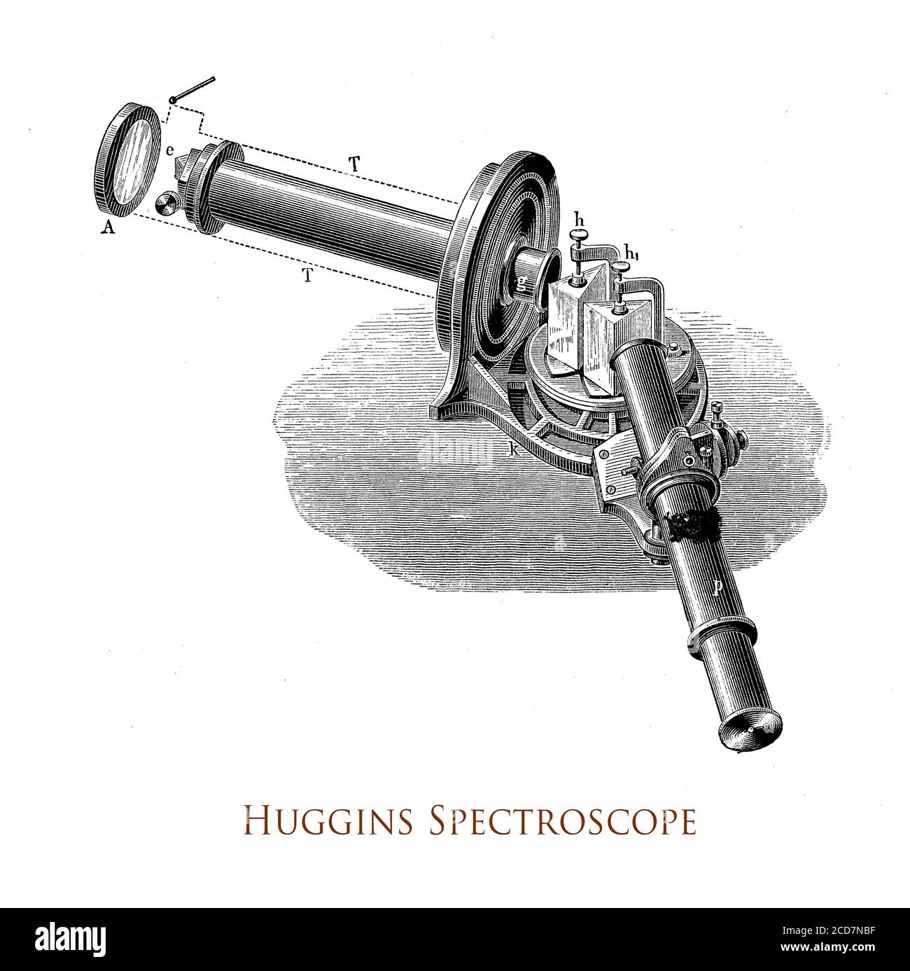 Huggins spectroscope developed by Sir William Huggins with the technical innovation of by widening the slit and measuring the radial velocity of a star and to study the evolution of the universe Stock Photo
