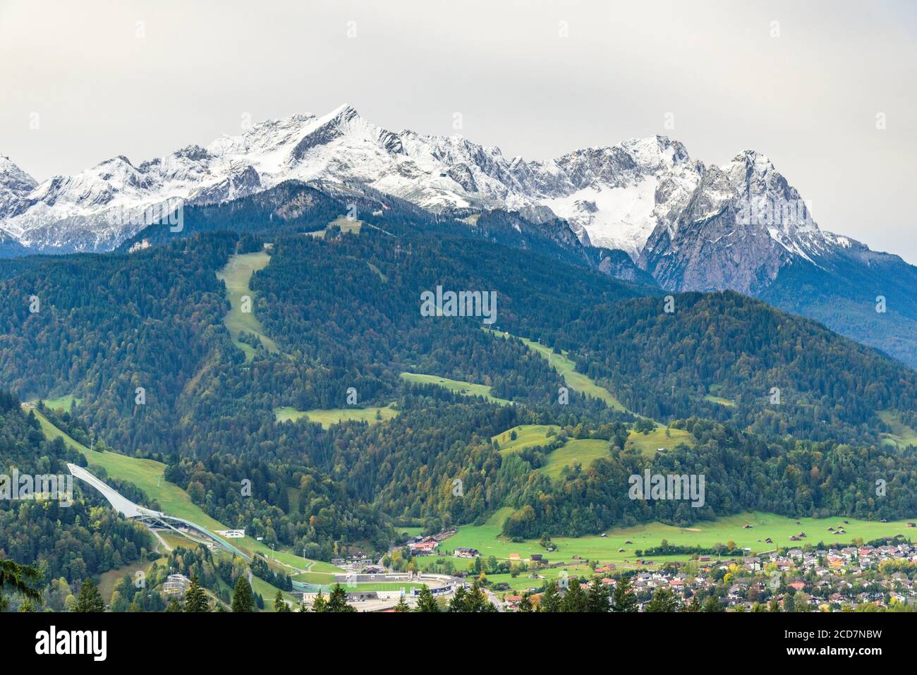 Falltime morning in upper bavarian alps with snow-covered mountains Stock Photo