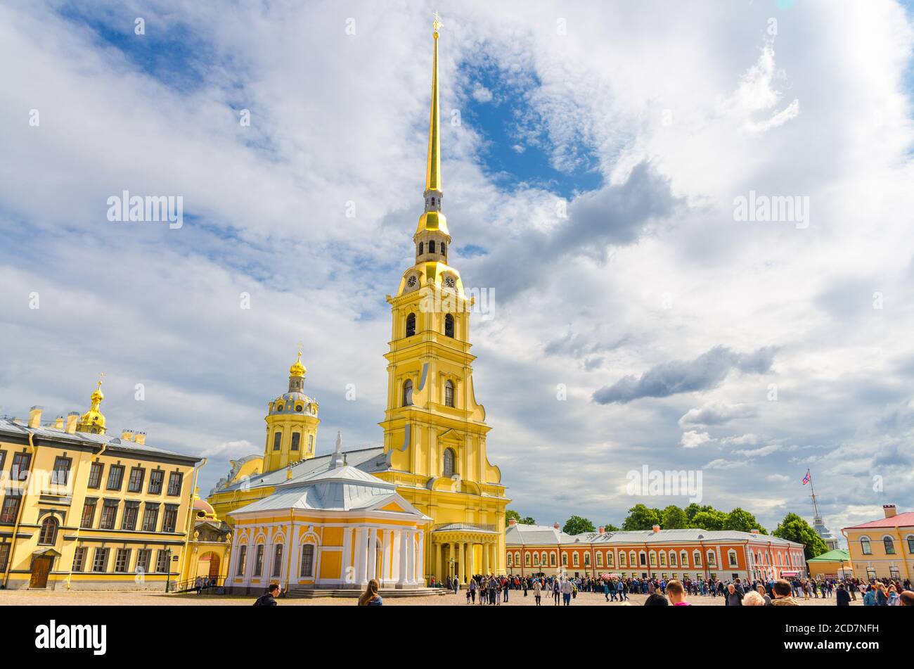 Saint Petersburg, Russia, August 5, 2019: Saints Peter and Paul Cathedral Orthodox church with golden spire in Peter and Paul Fortress citadel on Zayachy Hare Island, Leningrad city Stock Photo