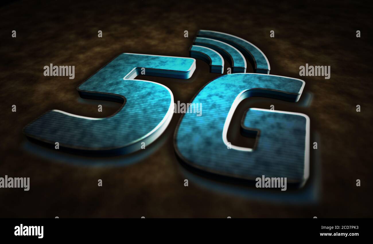 5G mobile communication technology and internet of things metal symbols. Abstract concept 3d rendering illustration. Stock Photo