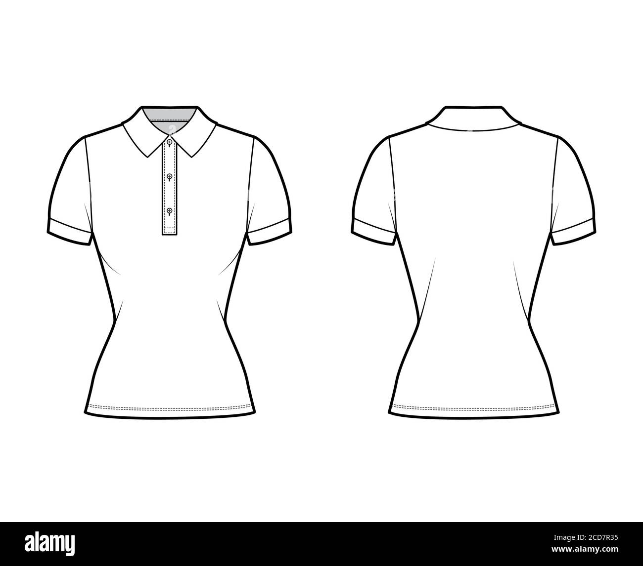 Polo shirt technical fashion illustration with cotton jersey short sleeves close fit buttons along the front. Flat outwear apparel template front back white color. Women men unisex top CAD mockup Stoc...