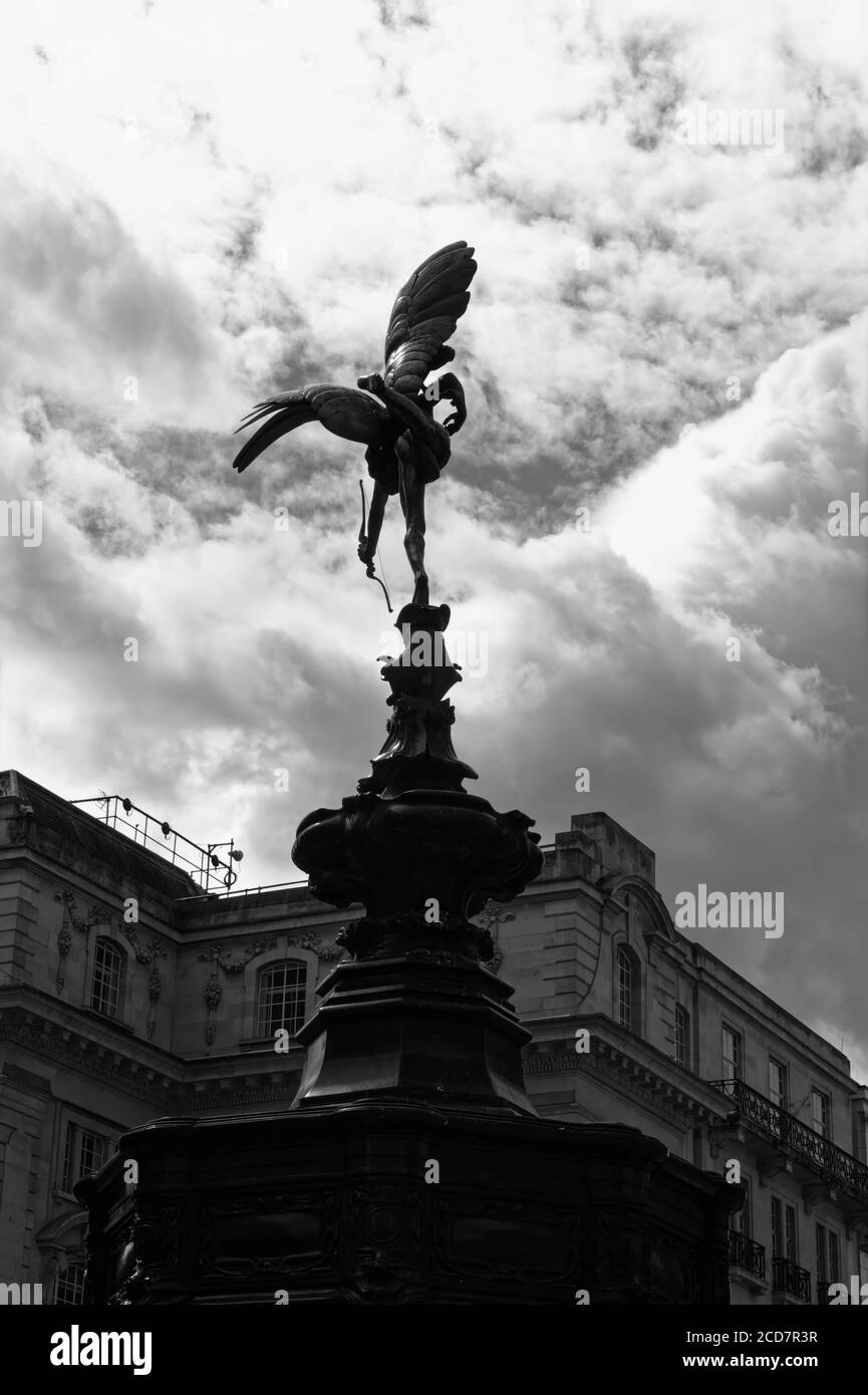 Silhouette of the statue of the Shaftesbury Memorial Fountain in Piccadilly Circus in London, England, UK. Black and white image. Stock Photo