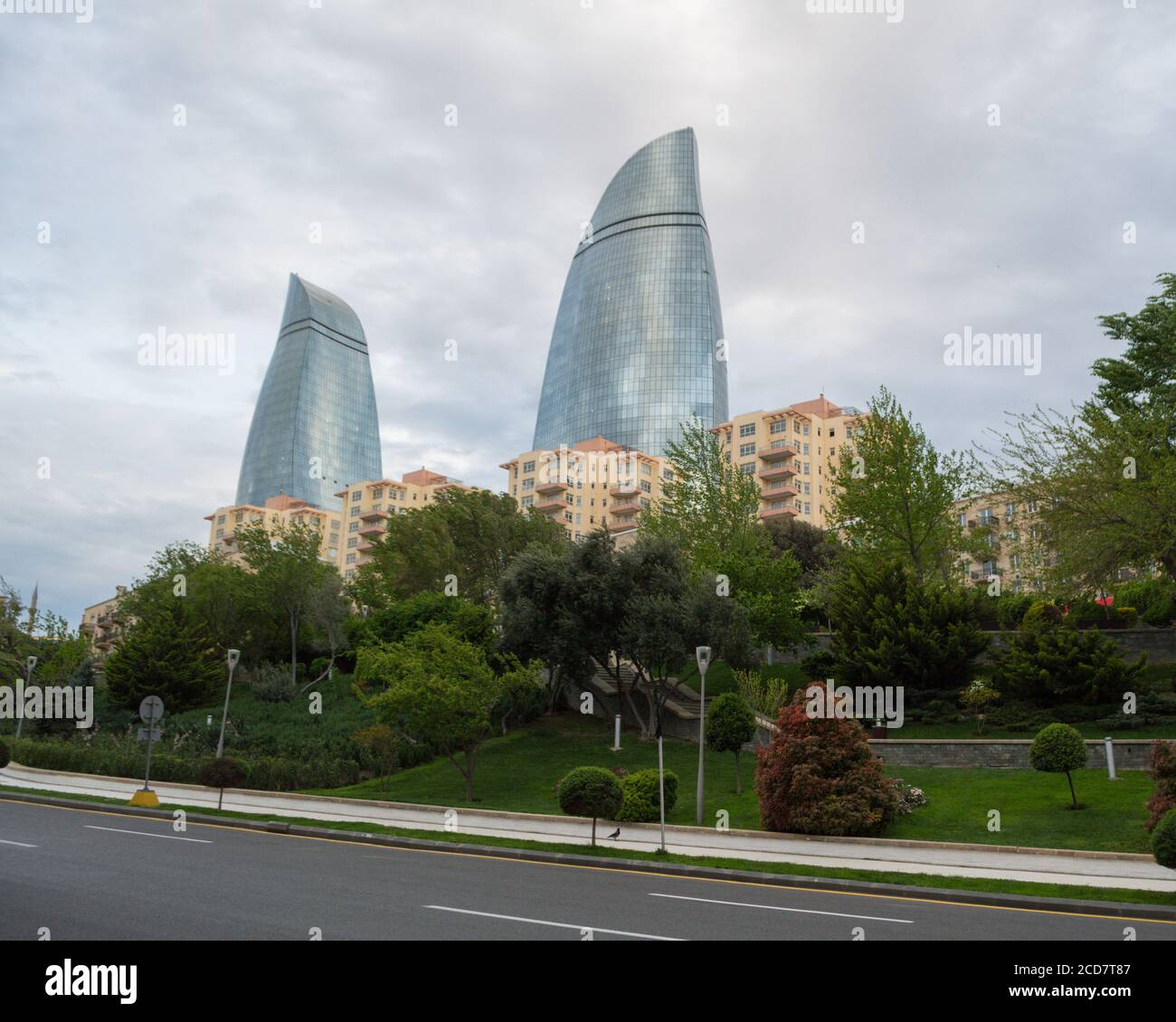 Apartment Buildings in Baku with Flame Towers Skyscrapers Backdrop