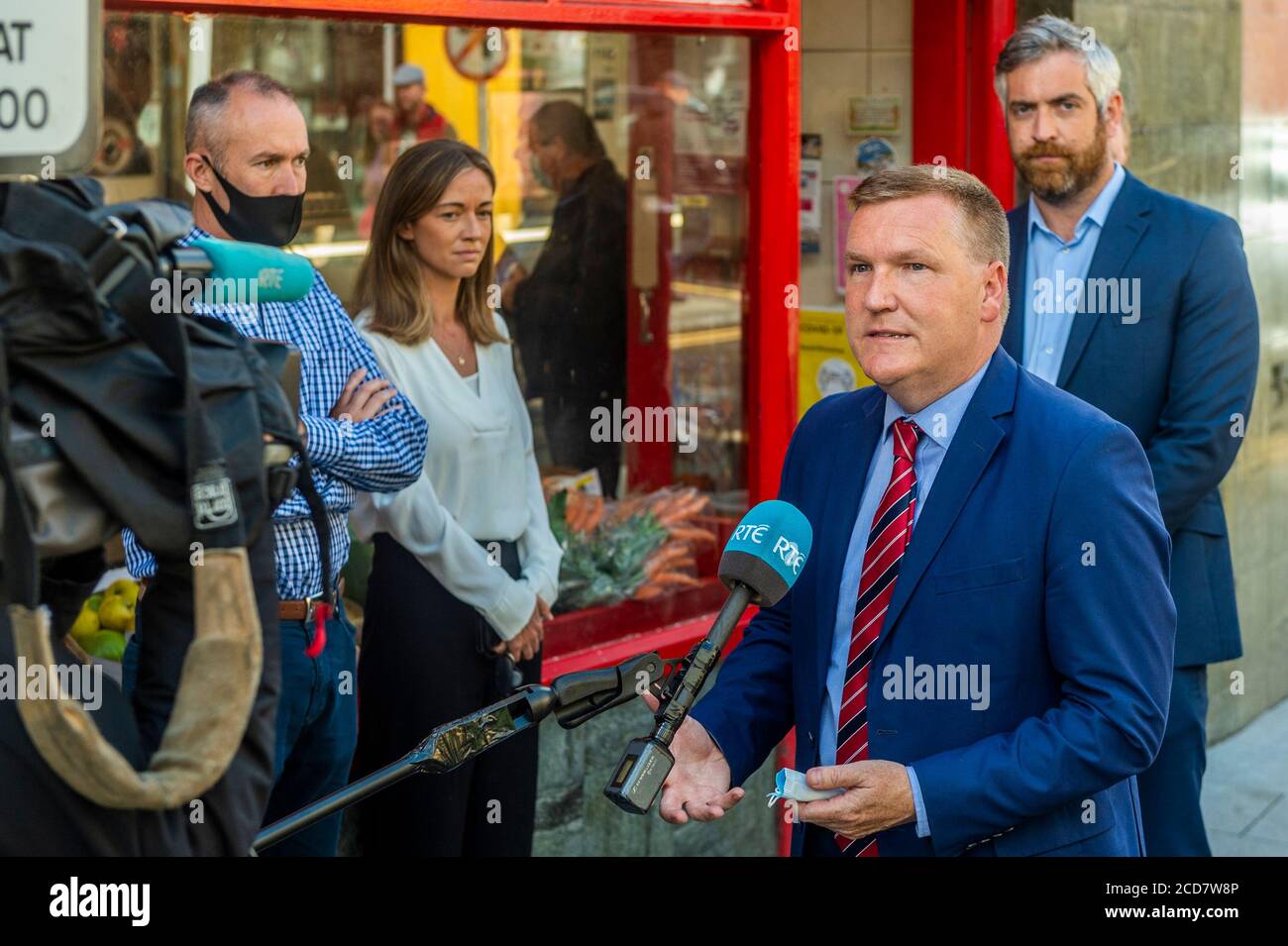 Bantry, West Cork, Ireland. 27th Aug, 2020. The Minister for Public Expenditure, Michael McGrath TD (FF), visited  Bantry today to see the flood damage caused by Storm Francis on Monday last. Minister McGrath speaks to RTE. Credit: AG News/Alamy Live News Stock Photo