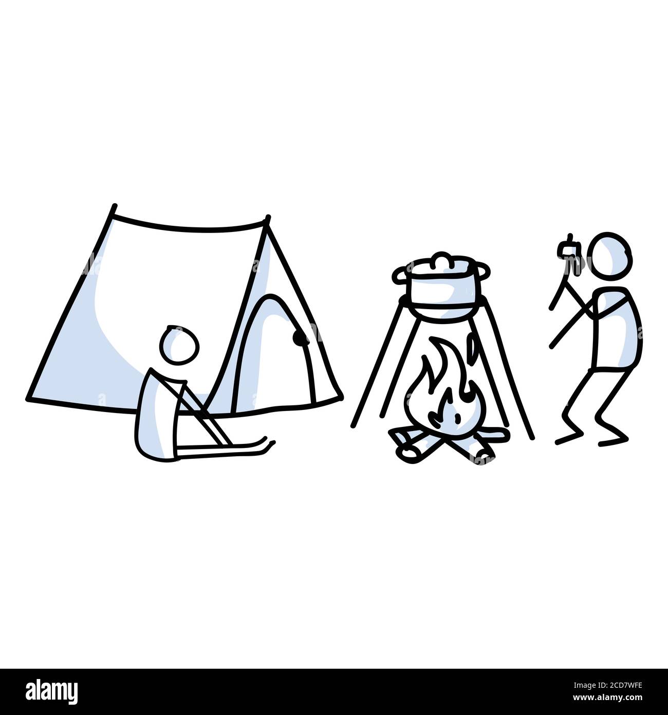 Hand drawn stickman camping tent and campfire concept. Simple outdoor vacation doodle icon for staycation, family travel adventure clipart. Simple Stock Vector