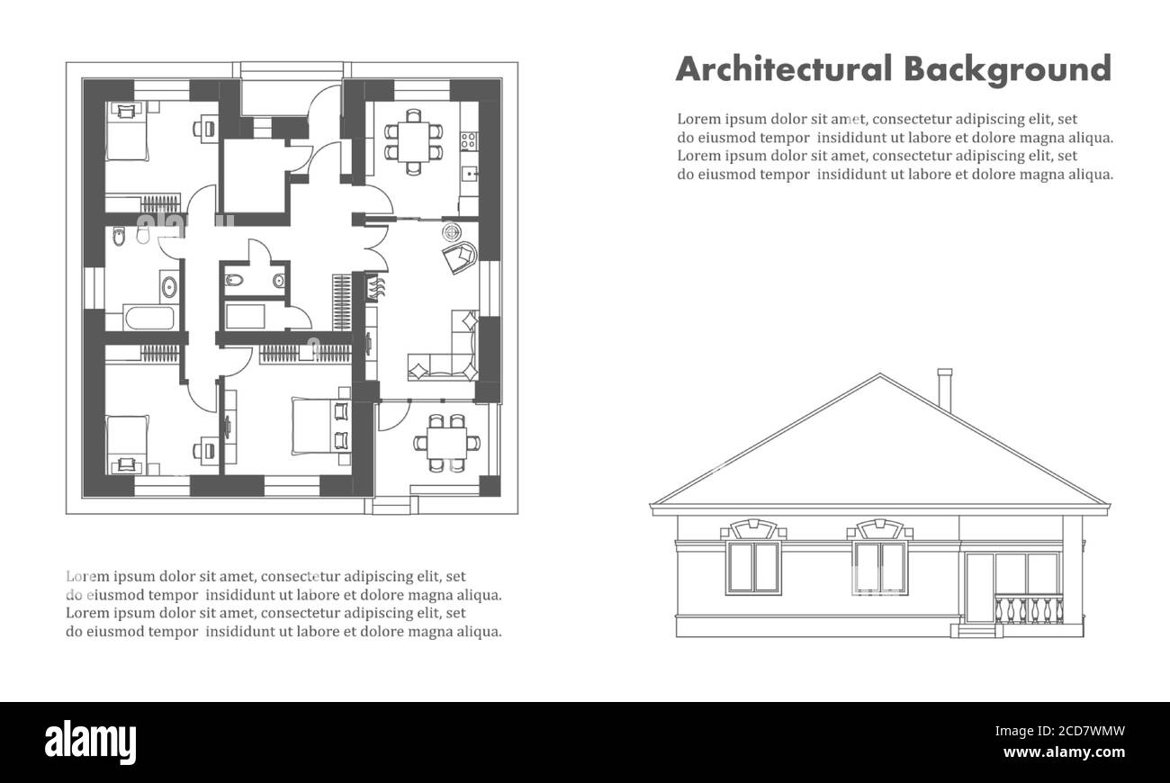 Architectural background. Part of architectural project, architectural plan and facade of a residential building. Black and white vector Stock Vector