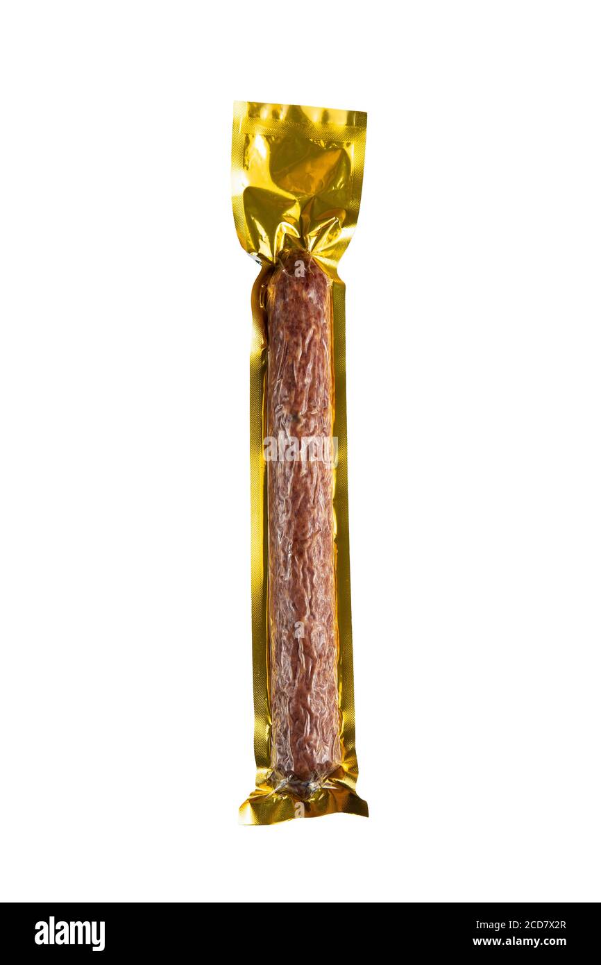 Vacuum packed dried sausage. Readytoeat meat product. Packaged