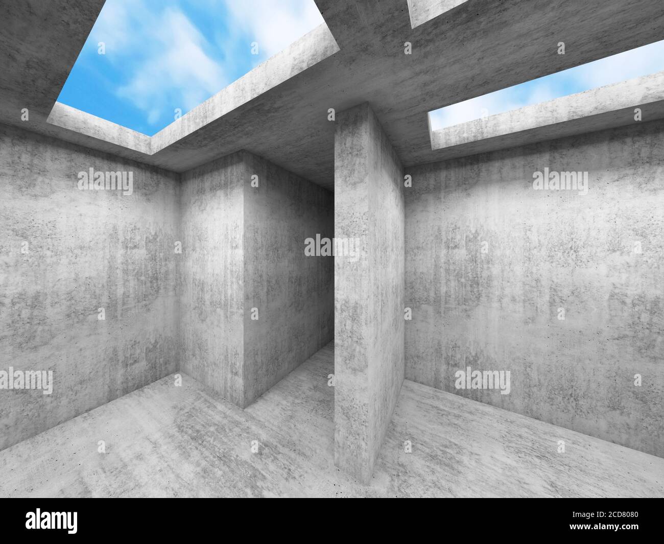 Abstract empty room interior with concrete walls and thin rectangular skylights in ceiling, 3d render illustration Stock Photo
