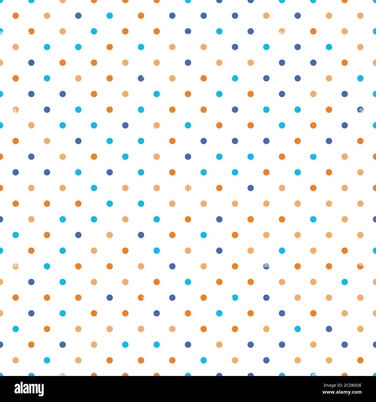 Seamless polka dot pattern. Orange and blue dots in random sizes on white background. Vector illustration. Stock Vector