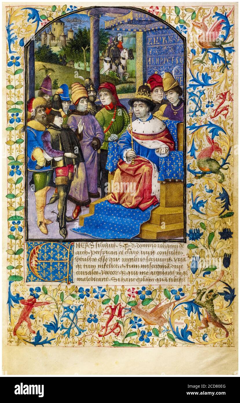 The French King at Court, 15th Century illuminated manuscript by unknown artist, 1460-1470 Stock Photo