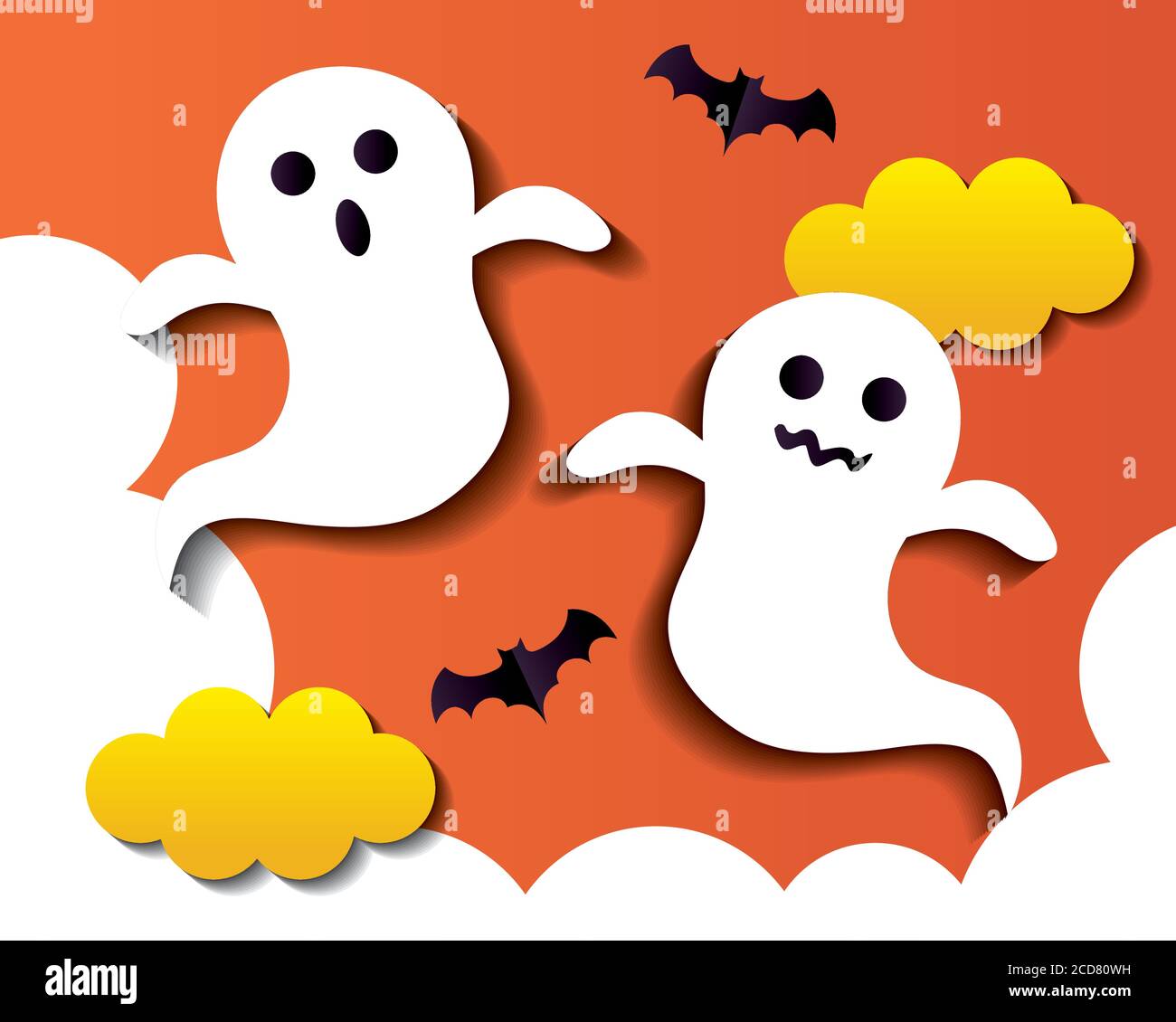 happy halloween banner, with ghosts and bats flying in paper cut style ...