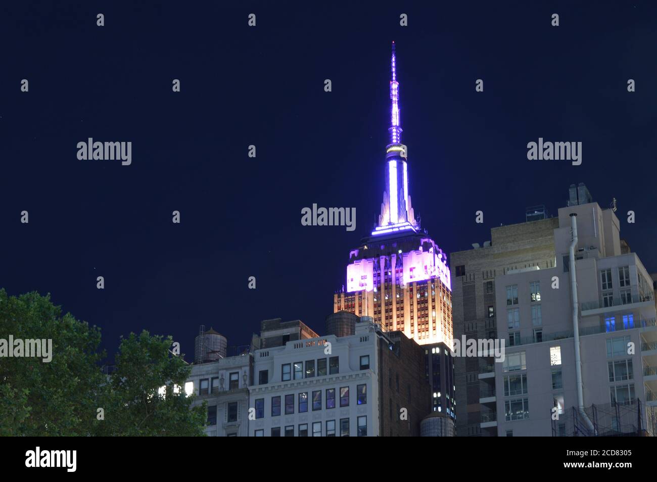 The Empire State Building in New York City was lit up purple in honor of the suffrage centennial on Women’s Equality Day (August 26, 2020). Stock Photo