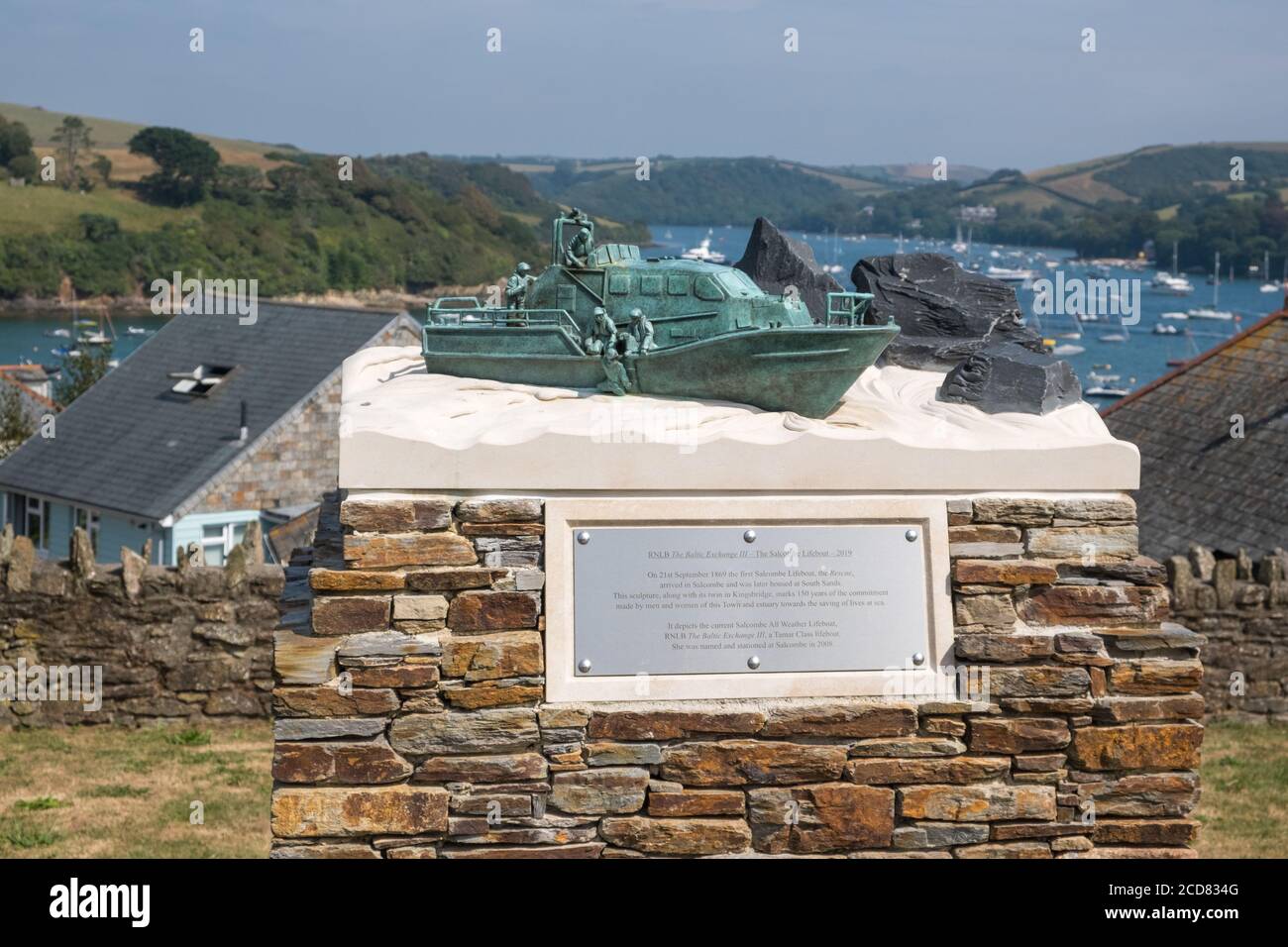 Sculpture of RNLB Baltic Exchange lll marking 150 years of lifeboats in Salcombe, Devon, UK Stock Photo
