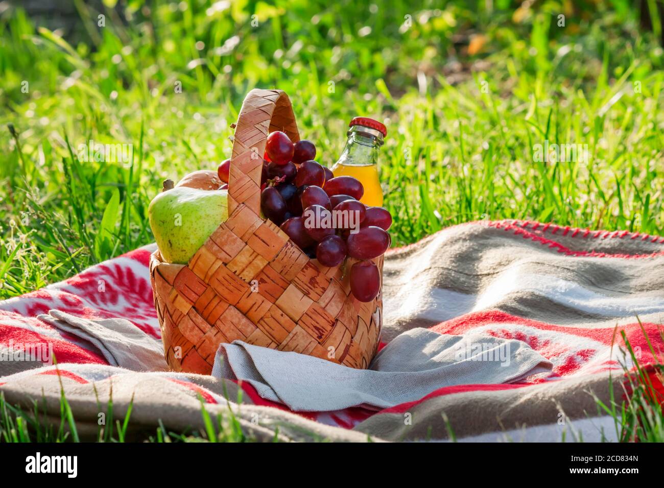 Wicker picnic basket with fruits and drinks on the rug, evening summer ...