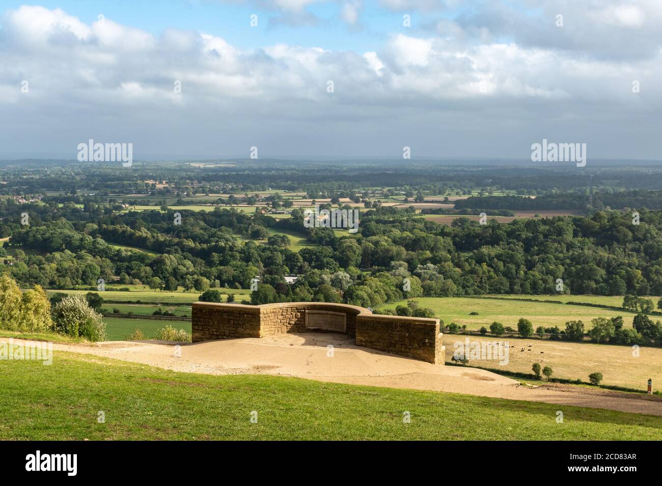 View over the Surrey Hills scenery from Box Hill viewpoint with the Salomons Memorial in the North Downs, Surrey landscape, UK Stock Photo