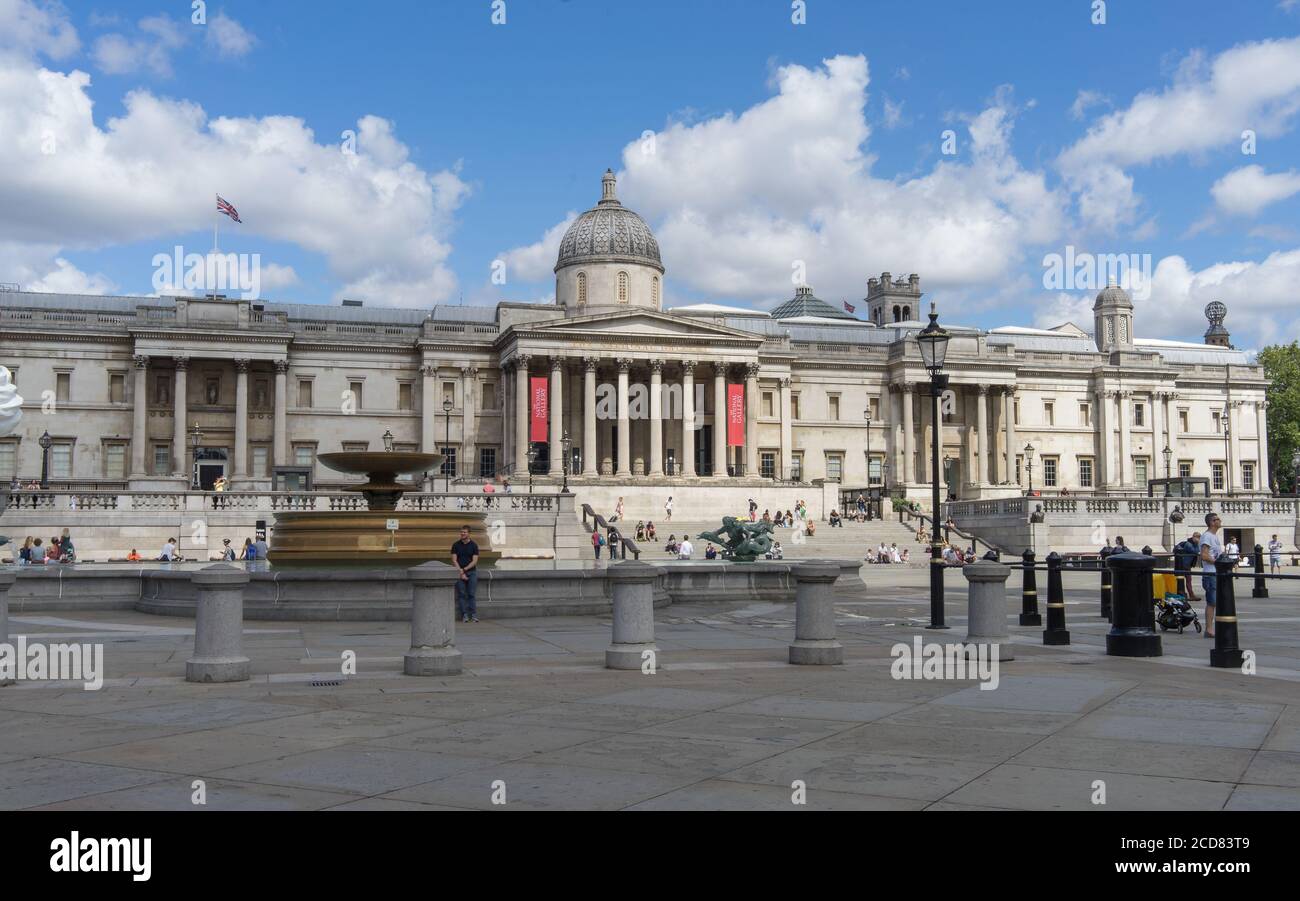 Wide angle view of the National Portrait Gallery and Trafalgar Square on a sunny day. London Stock Photo