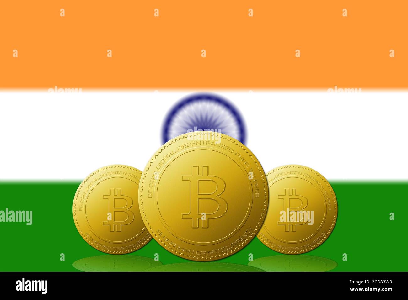 Three Bitcoins cryptocurrency with India flag on background Stock Photo -  Alamy