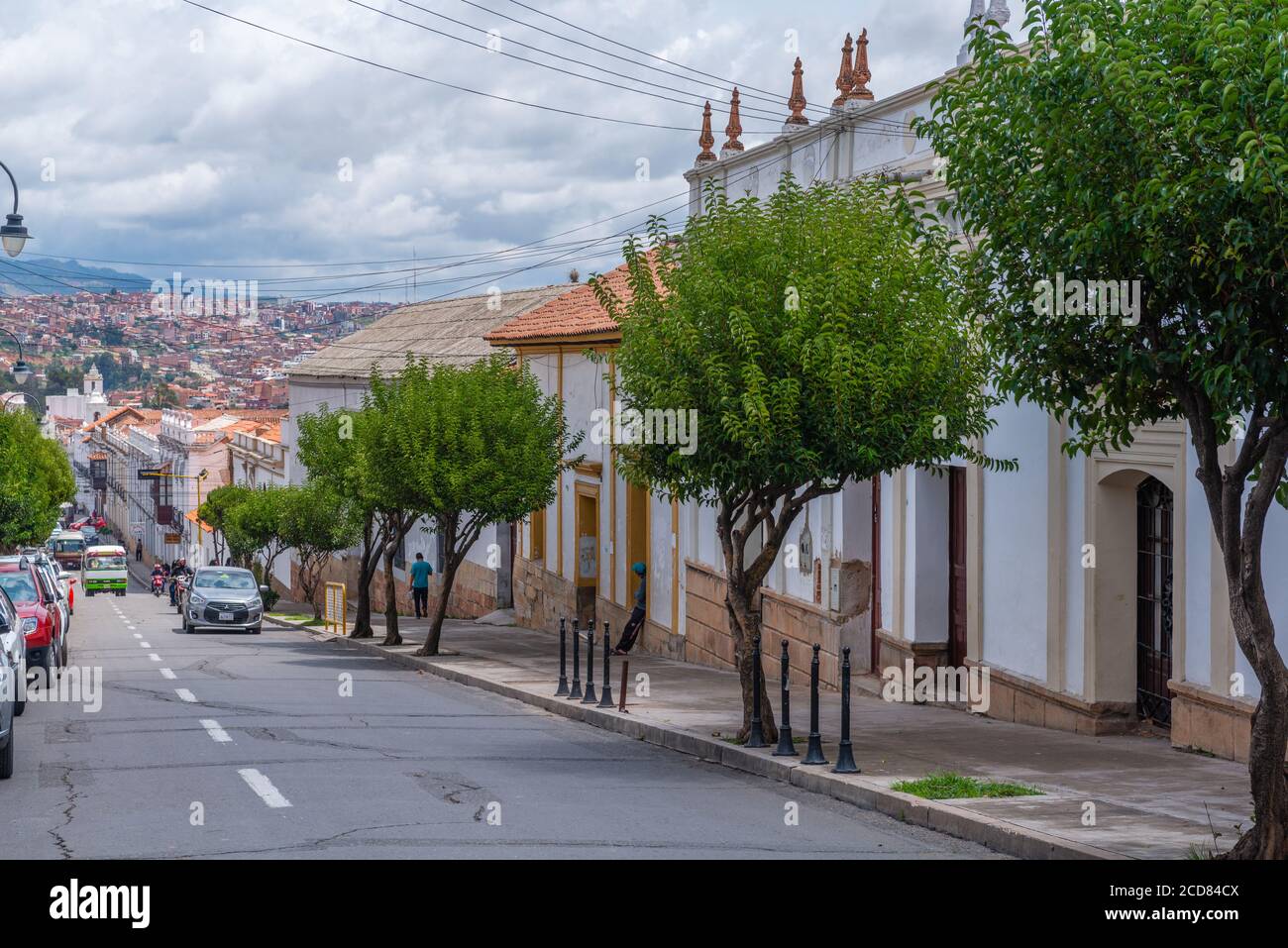 View down Calle José Antonio de San Alberto,Sucre,,constitutional capital of Bolivia,capital of the Chuquisaca Department, Bolivia, Latin America Stock Photo