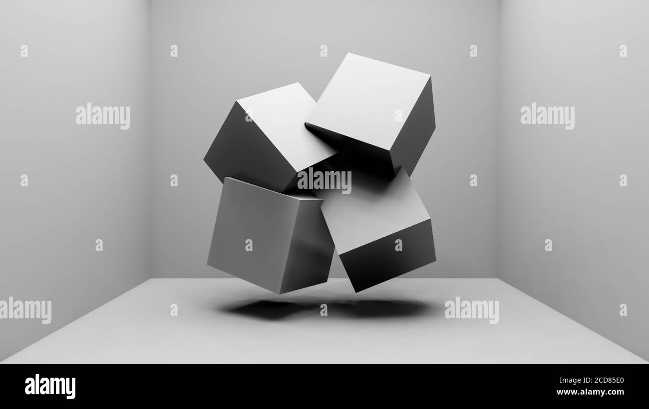 Floating cubes or boxes in realistic studio interior room, 3d rendering