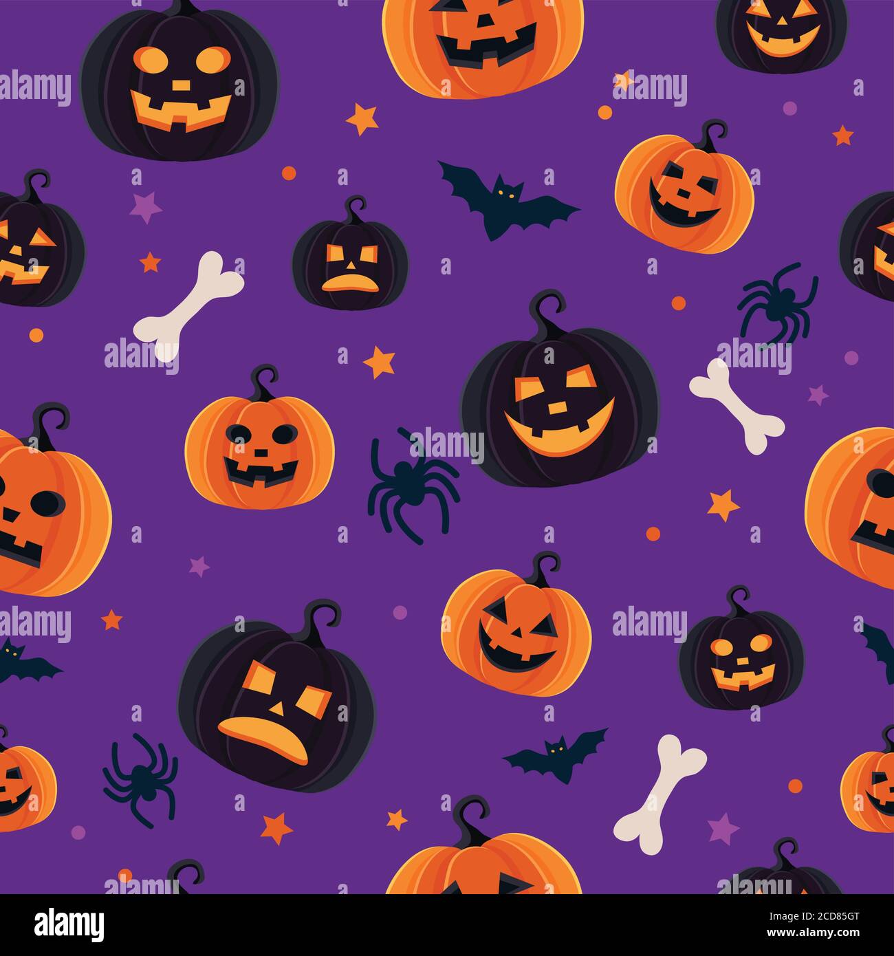 Halloween pattern with different pumpkins, spooky jack o lantern, spiders and bats Stock Vector